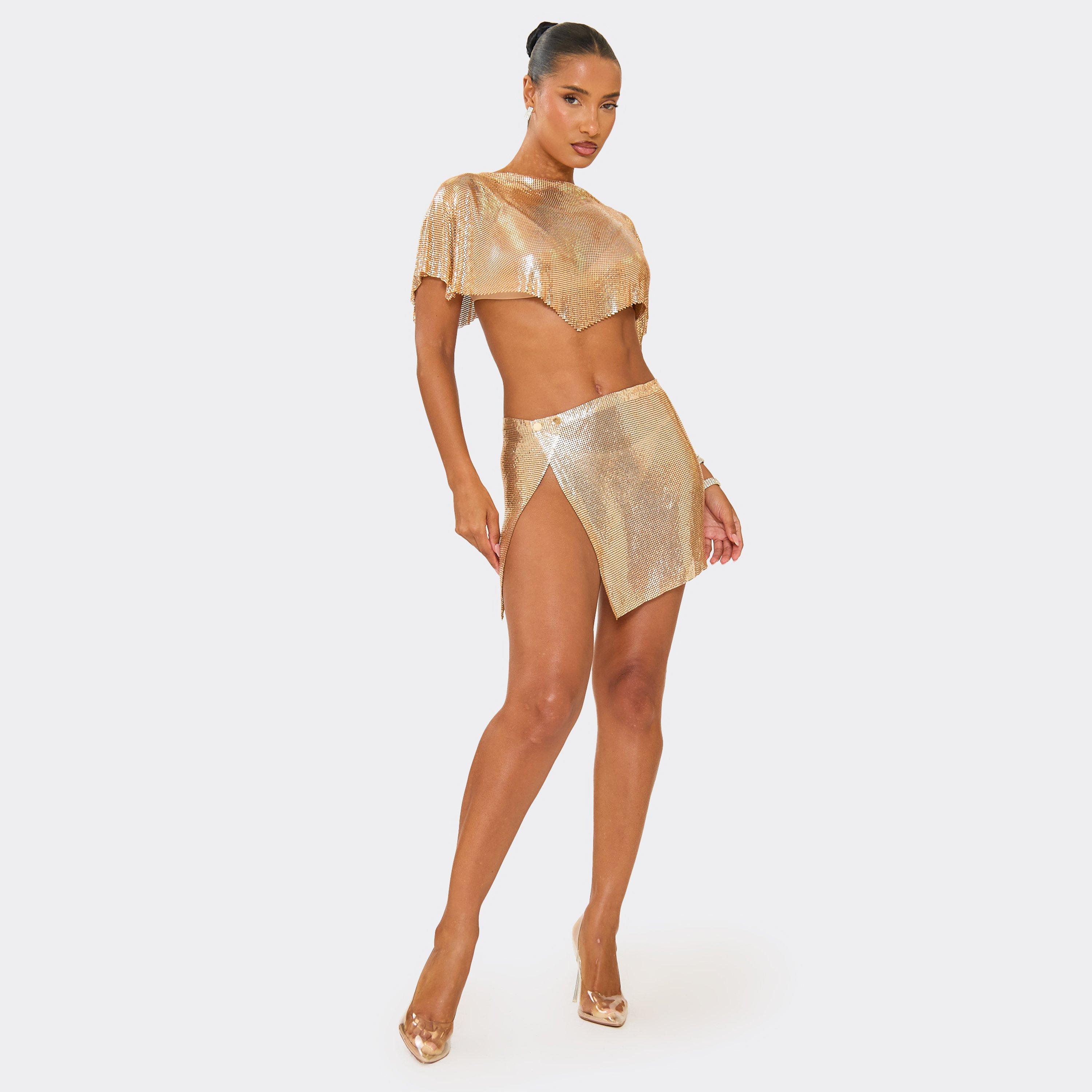 Mid Rise Split Front Mini Skirt In Gold Chainmail, Women's Size UK S