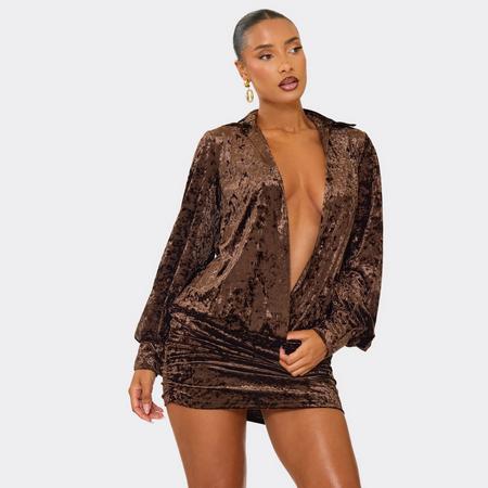 Long Sleeve Plunge Blouson Mini Dress In Chocolate Brown Velour, Women's Size US