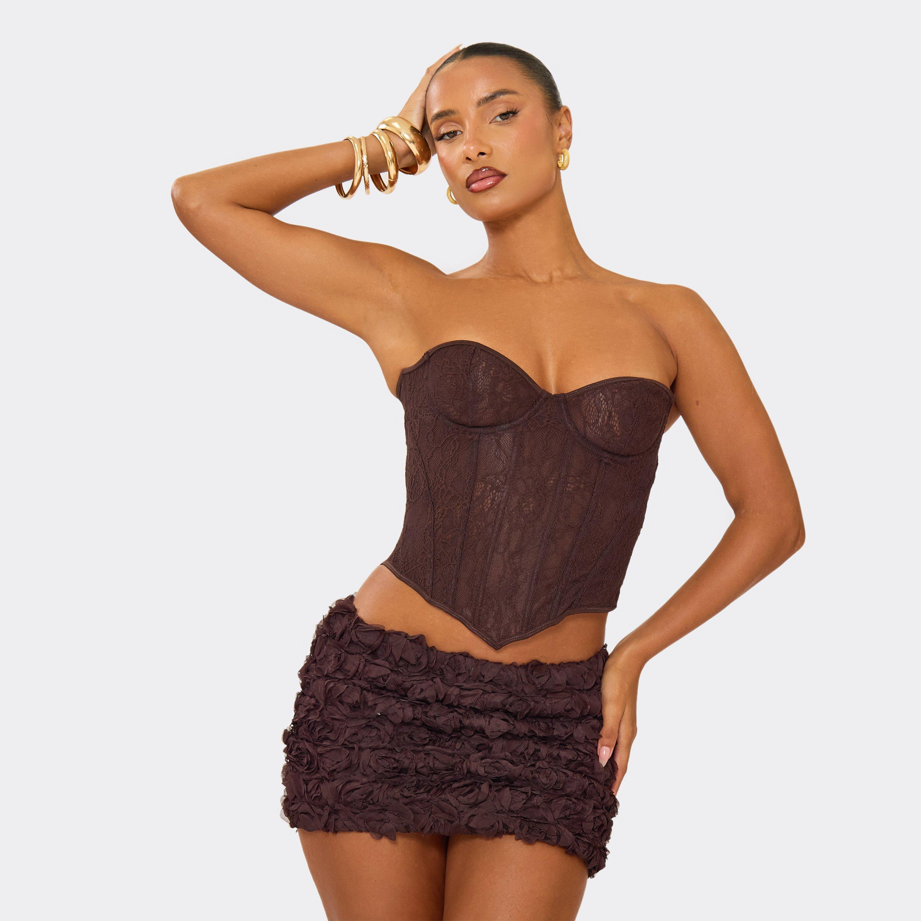 Low Waist Bodycon Mini Skirt In Chocolate Brown Textured Floral, Women's Size UK 14