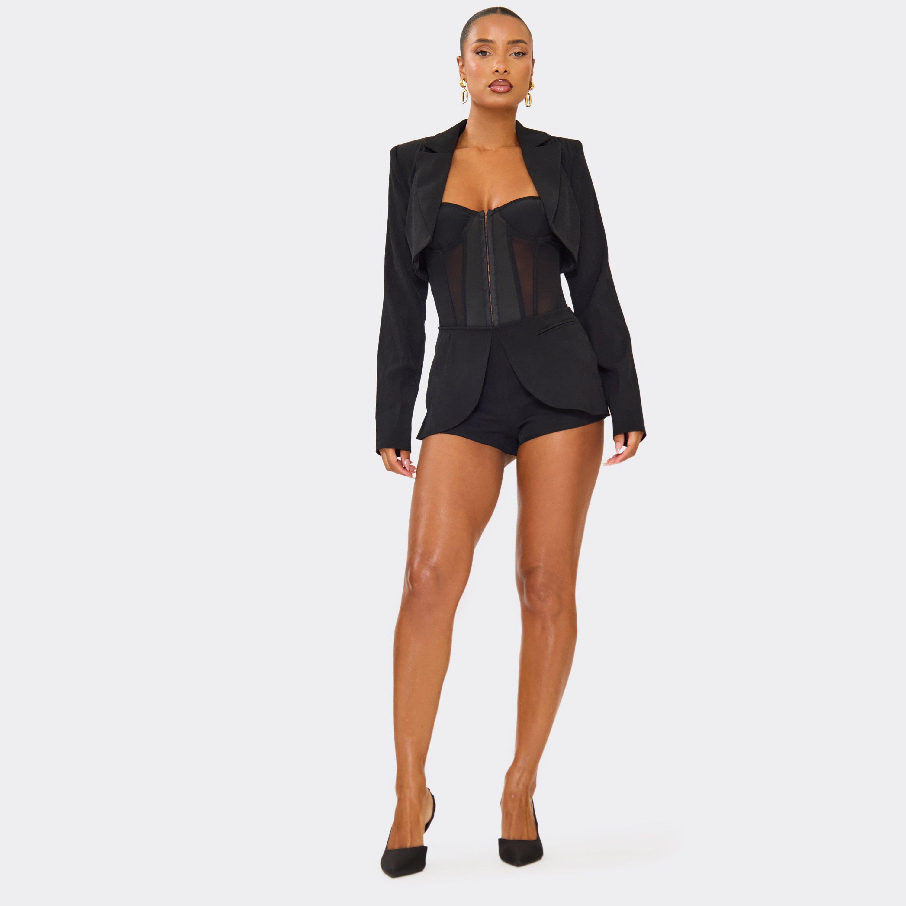 Mid Rise Fold Over Waist Tailored Shorts In Black, Women's Size UK 8