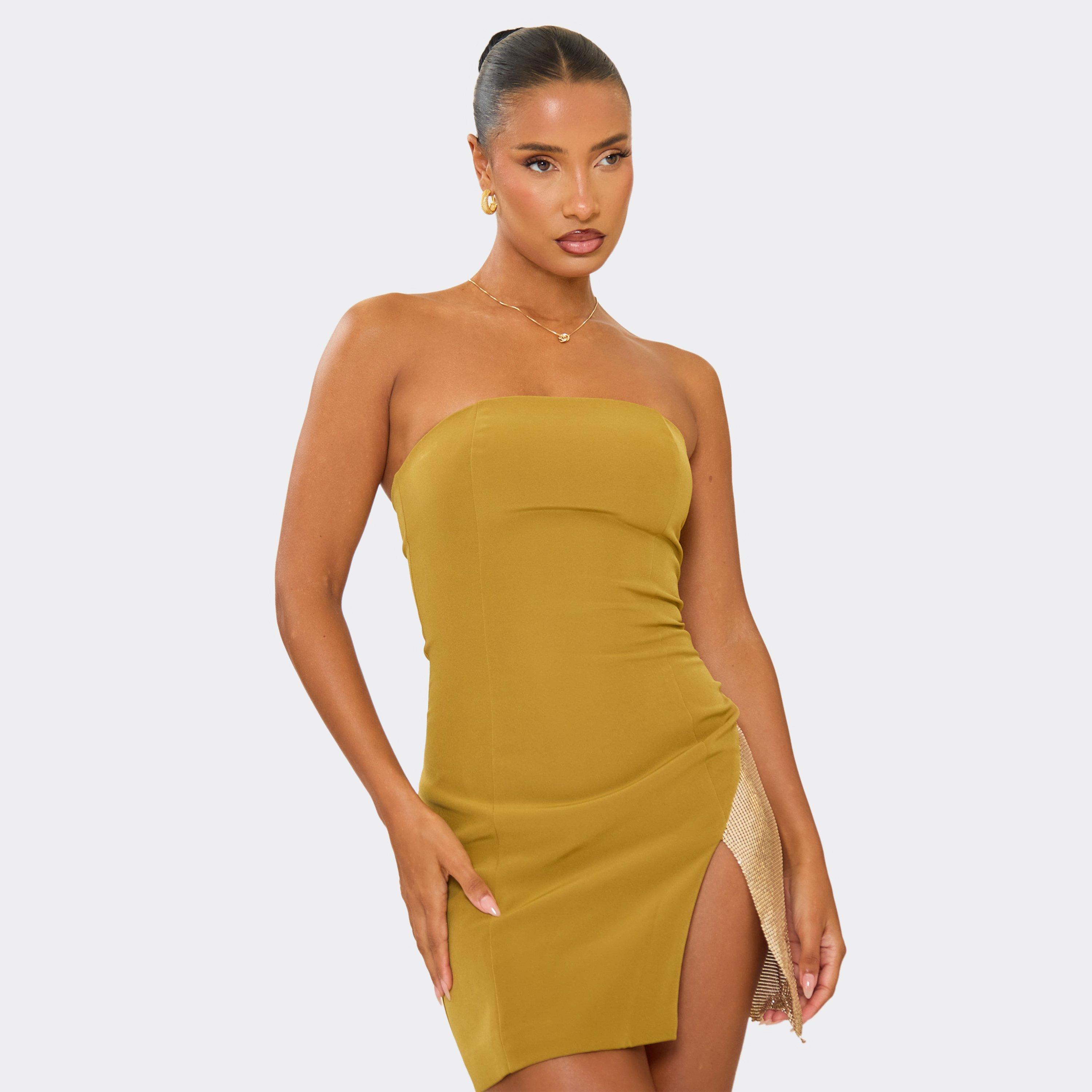 Bandeau Contrast Chainmail Split Hem Mini Dress In Olive Green, Women’s