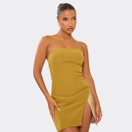 Bandeau Contrast Chainmail Split Hem Mini Dress In Olive Green, Women's Size US