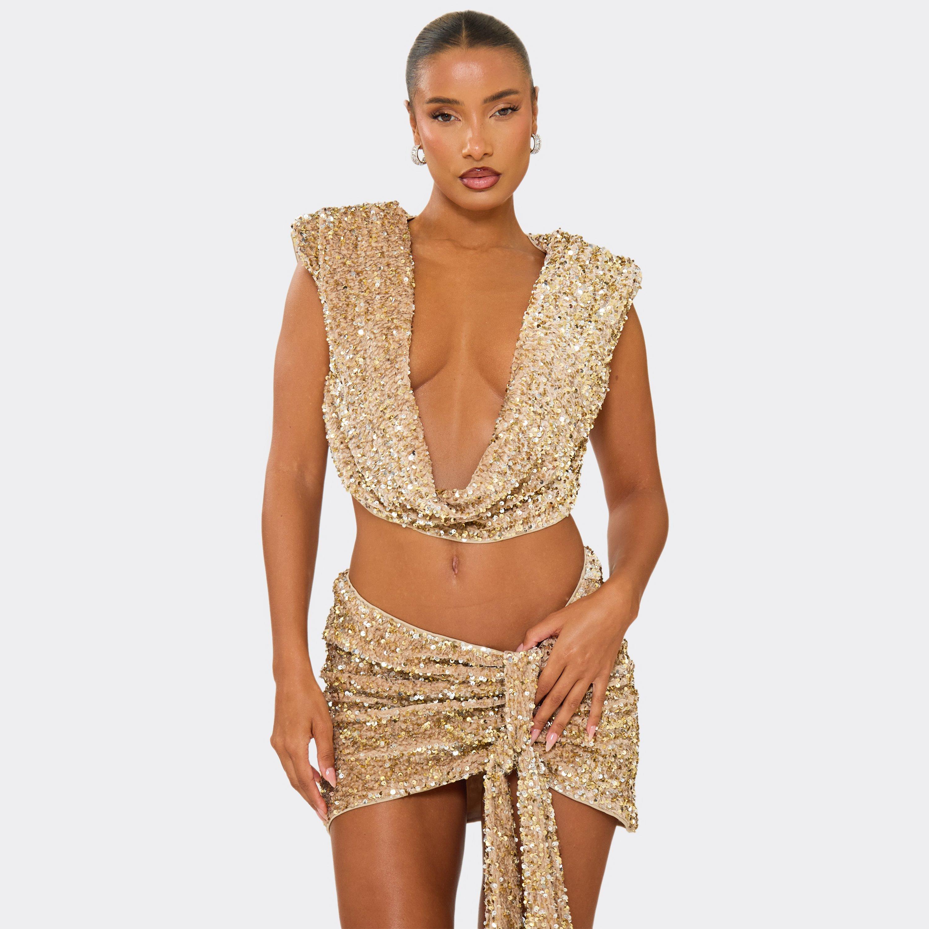 Cowl Neck Shoulder Pad Detail Top In Champagne Velour Sequin, Women's Size UK 6