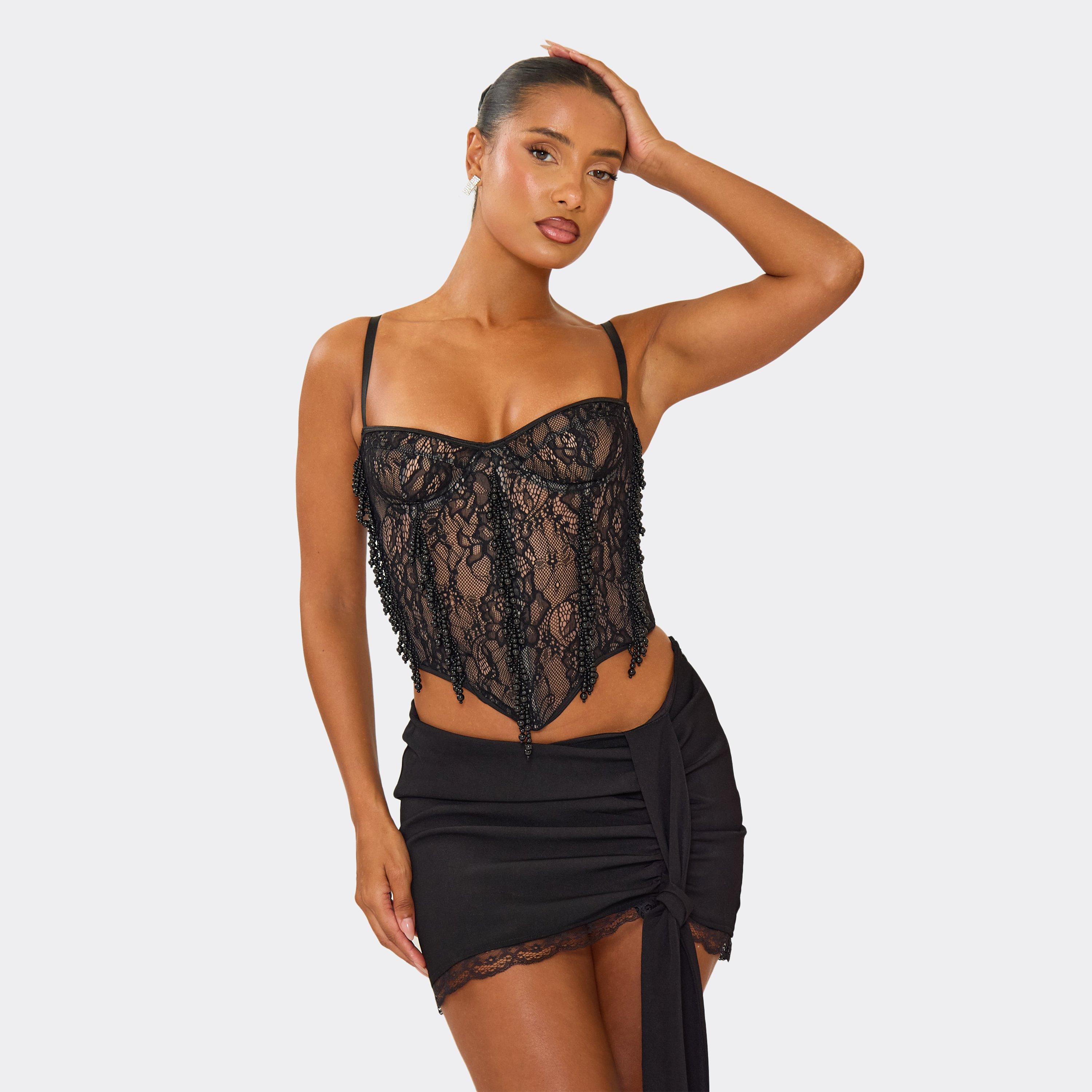 Strappy Pointed Hem Bead Embellished Corset Top In Black Lace, Women's Size UK 10