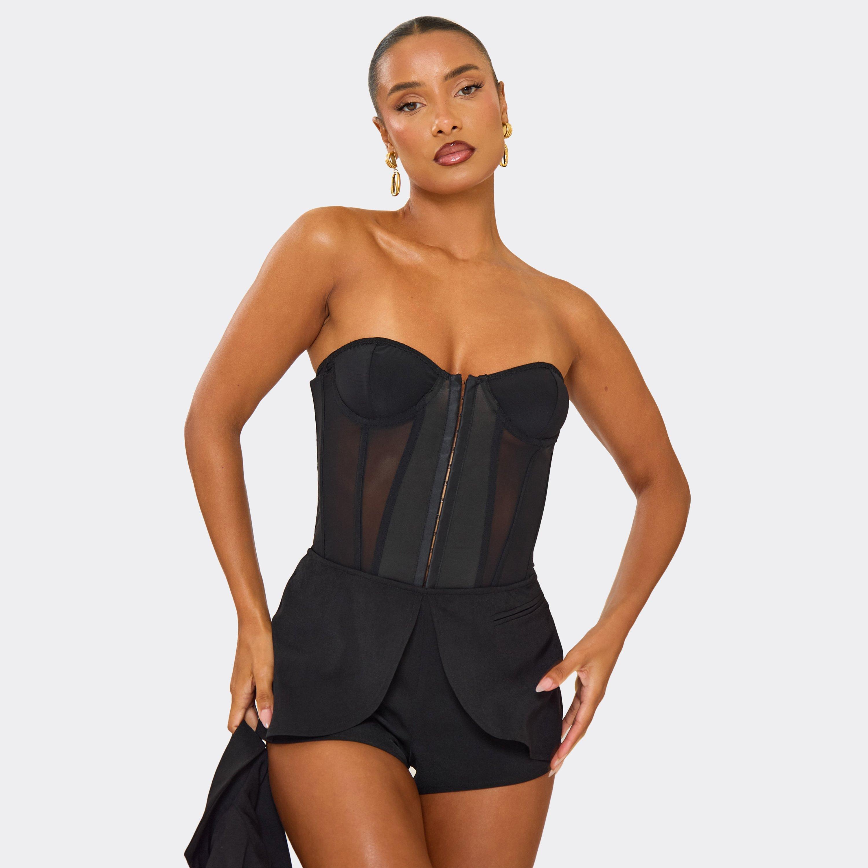 Bandeau Mesh Panelled Corset Top In Black, Women’s