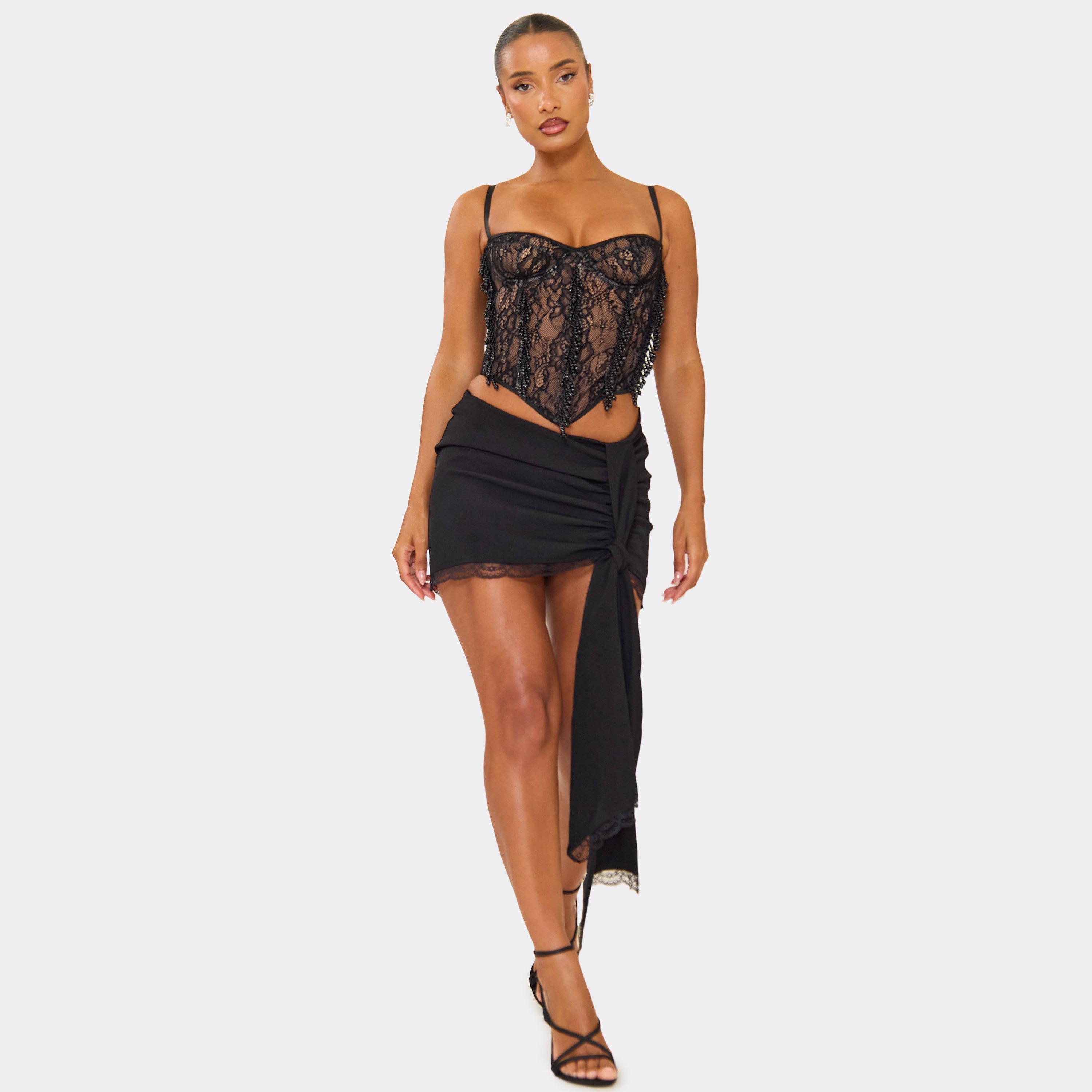 Dipped Waist Ruched Drape Mini Skirt In Black, Women's Size UK 8