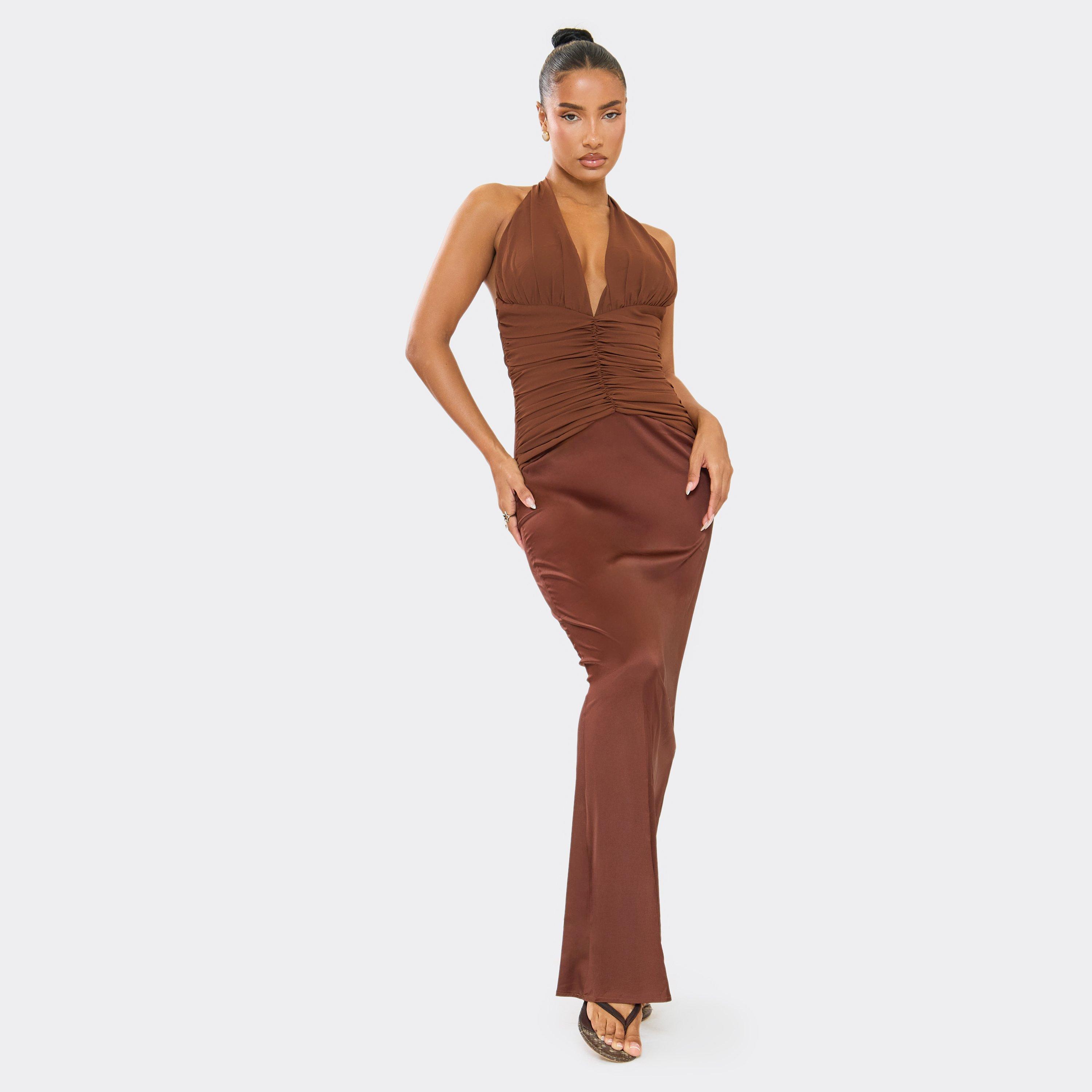 Plunge Ruched Contrast Hem Maxi Dress In Chocolate Brown Satin, Women’s