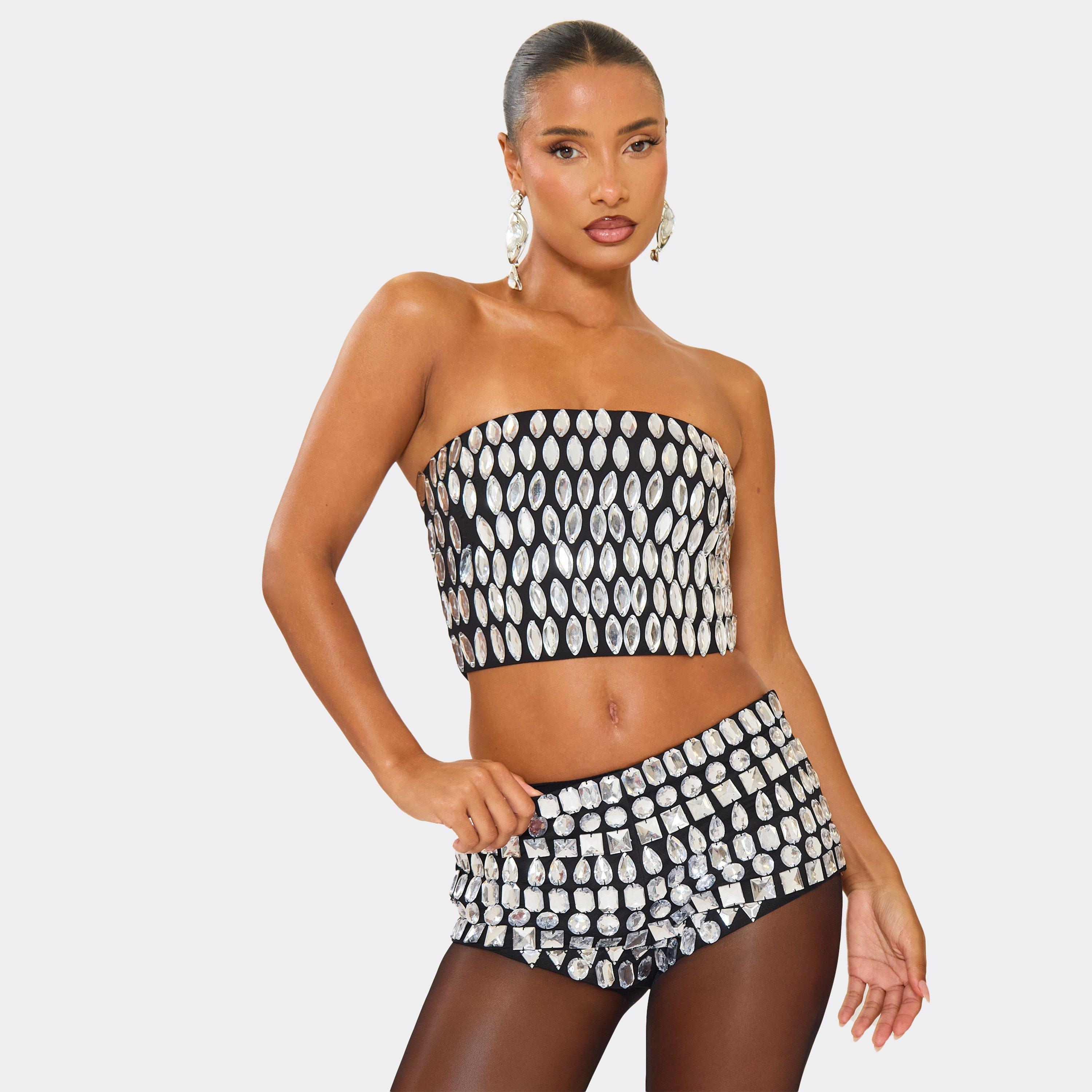 Image of Bandeau Diamante Embellished Tube Top In Black, Women's