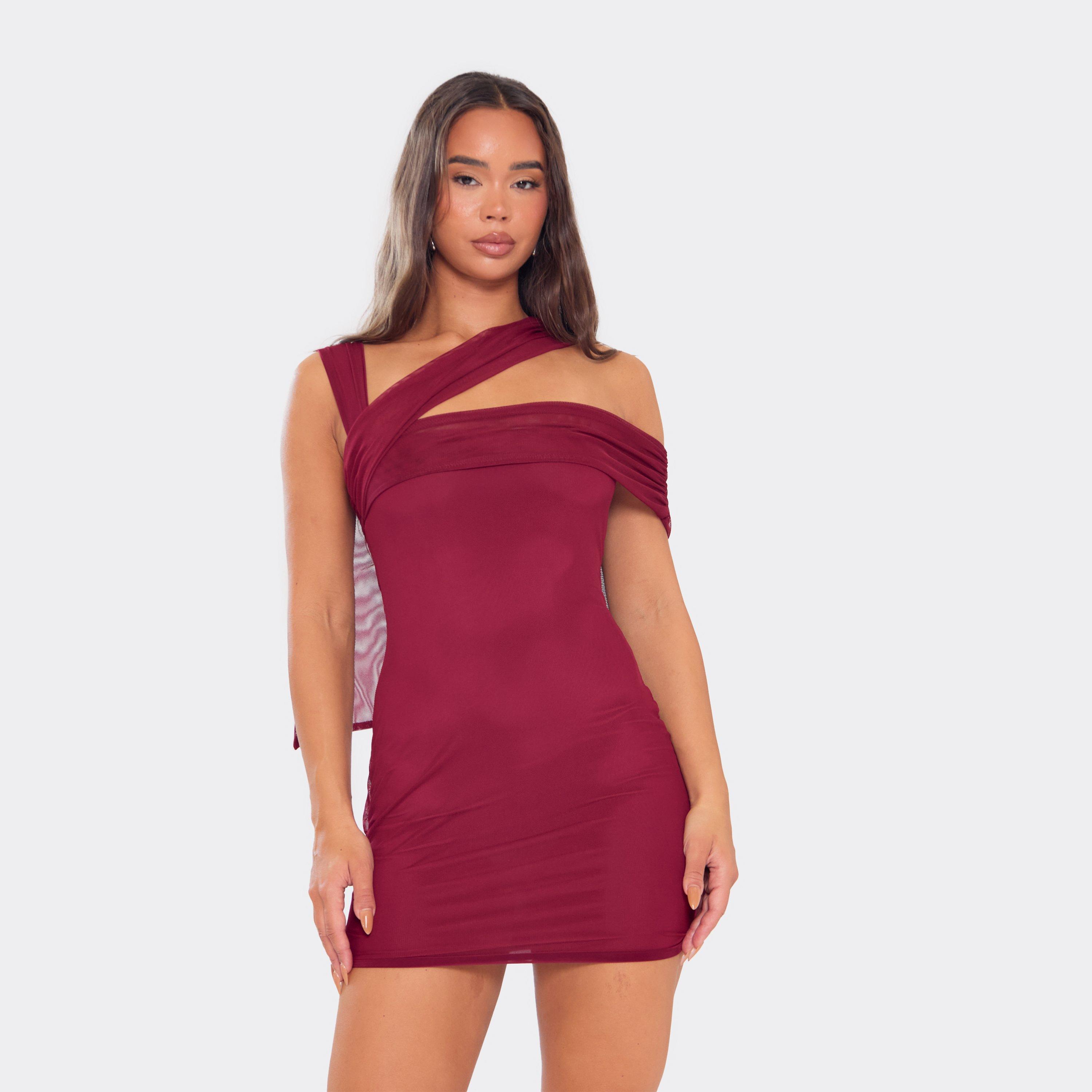 Asymmetric Shoulder Strap Drape Detail Mini Dress In Burgundy, Women’s