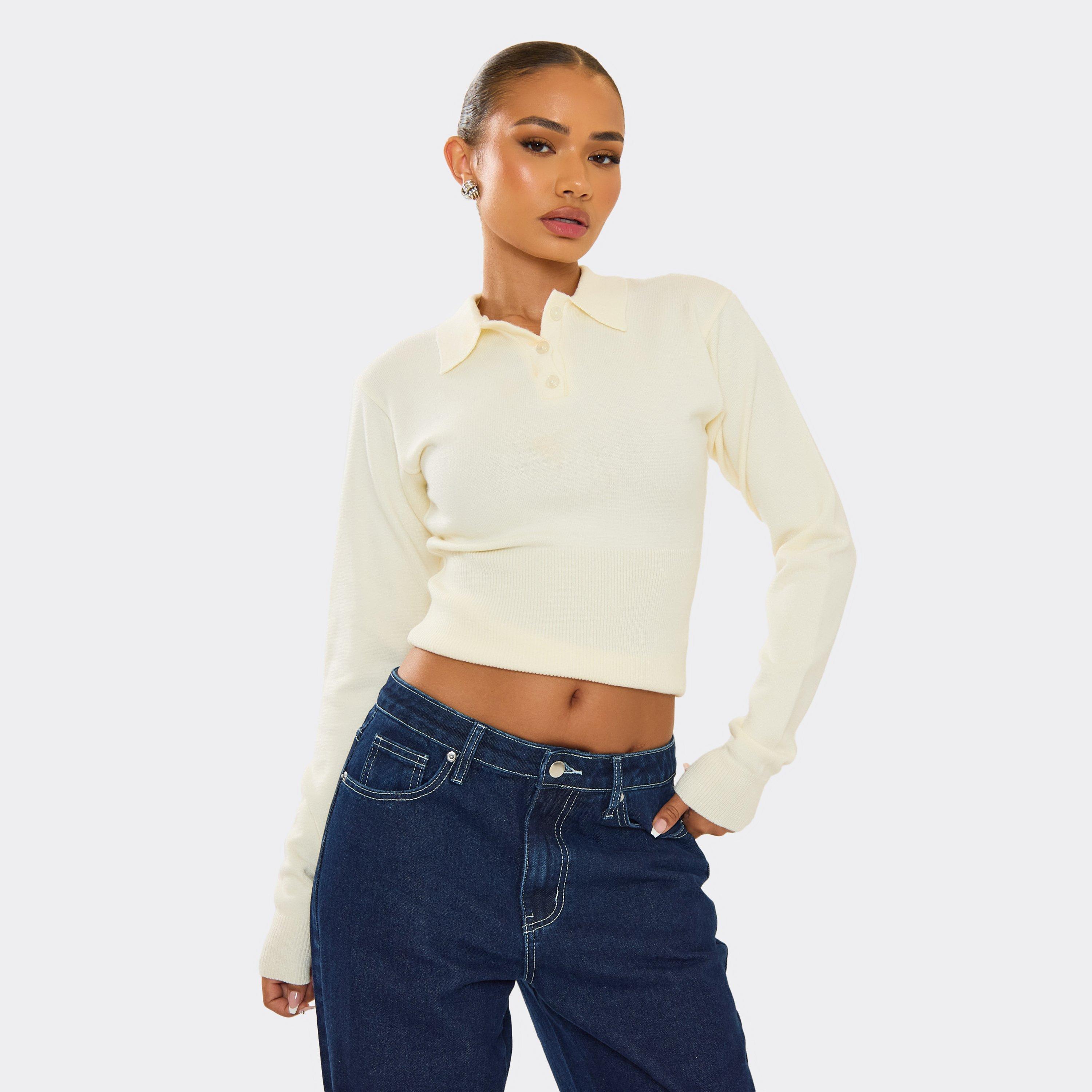 Long Sleeve Collared Button Down Cinched Waist Top In Cream Knit, Women's Size UK L