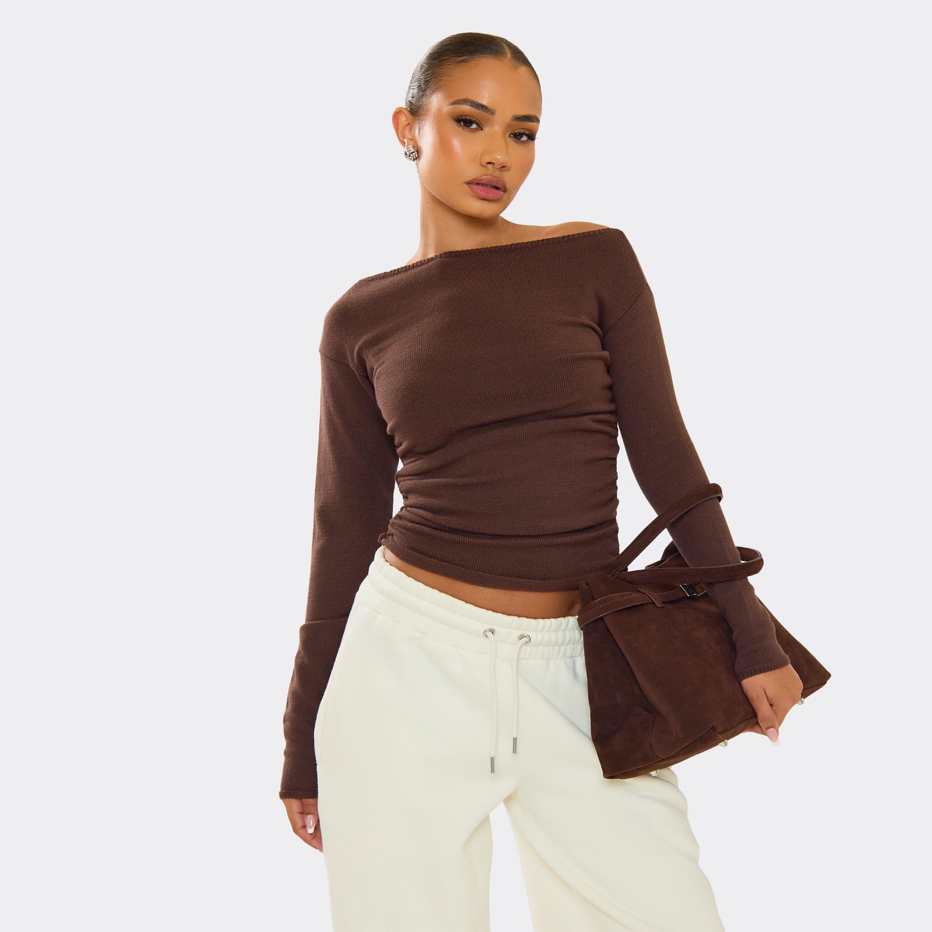 Long Sleeve Asymmetric Ruched Side Detail Top In Chocolate Brown Knit, Women's Size UK S