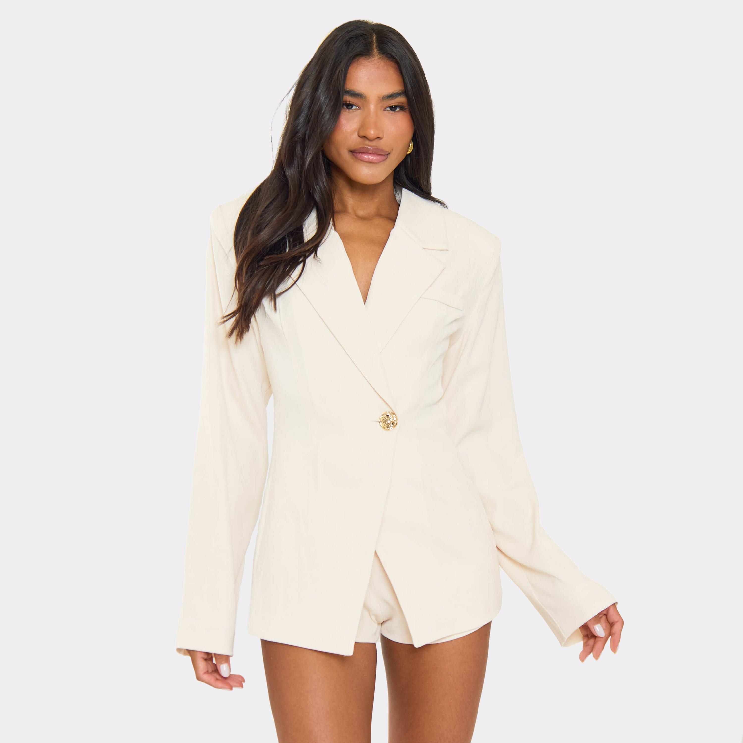 Long Sleeve Cinched Waist Blazer Playsuit In Cream, Women's Size UK 4