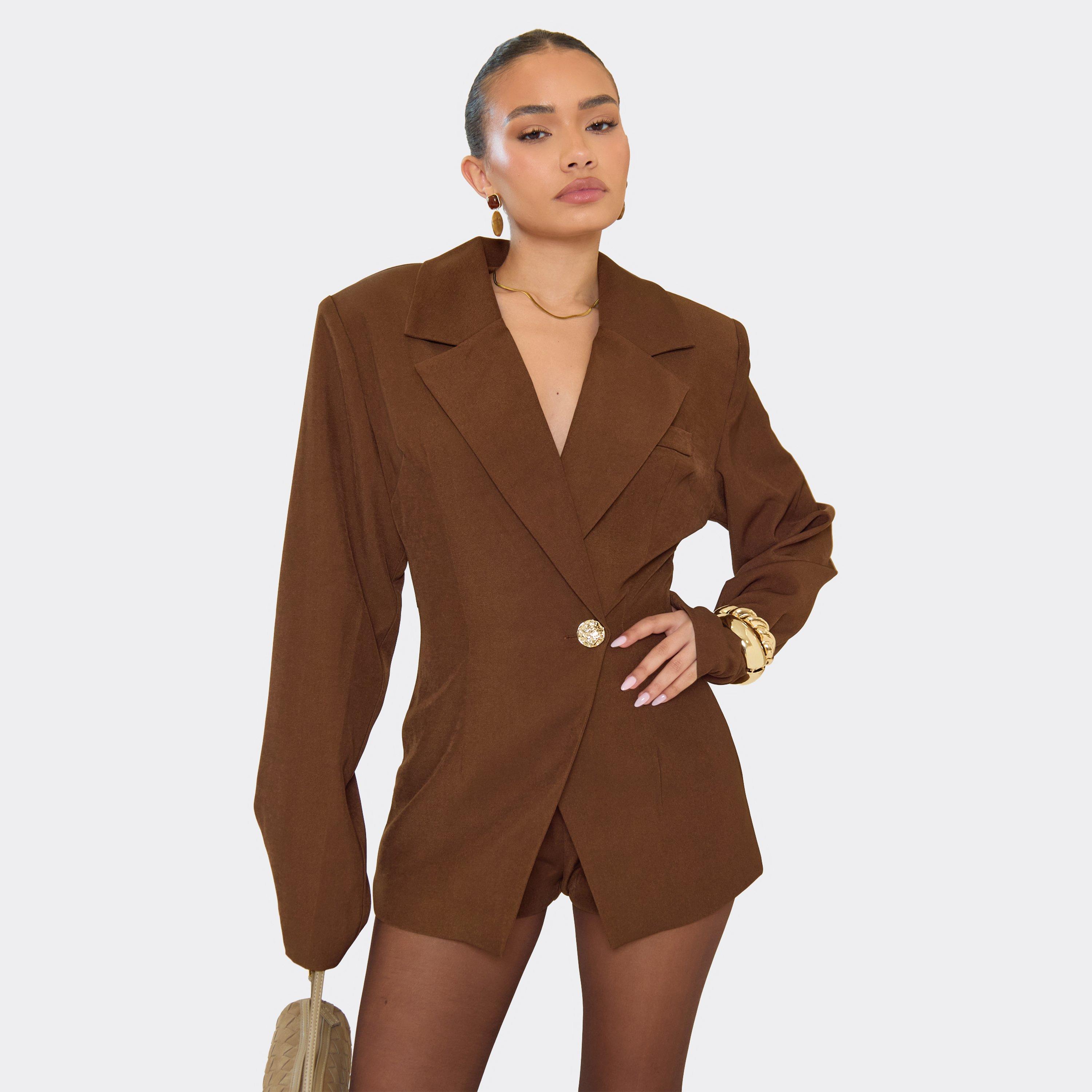 Image of Long Sleeve Cinched Waist Blazer Playsuit In Chocolate Brown, Women's