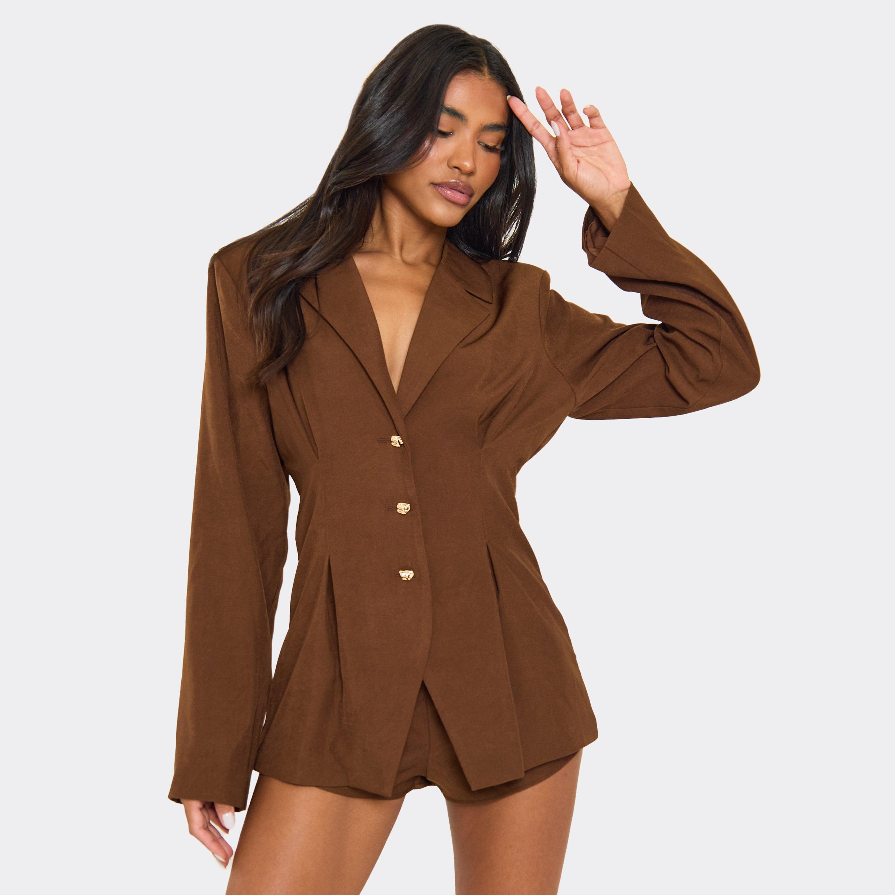 Image of Long Sleeve Pleat Detail Button Front Blazer Playsuit In Chocolate Brown, Women's