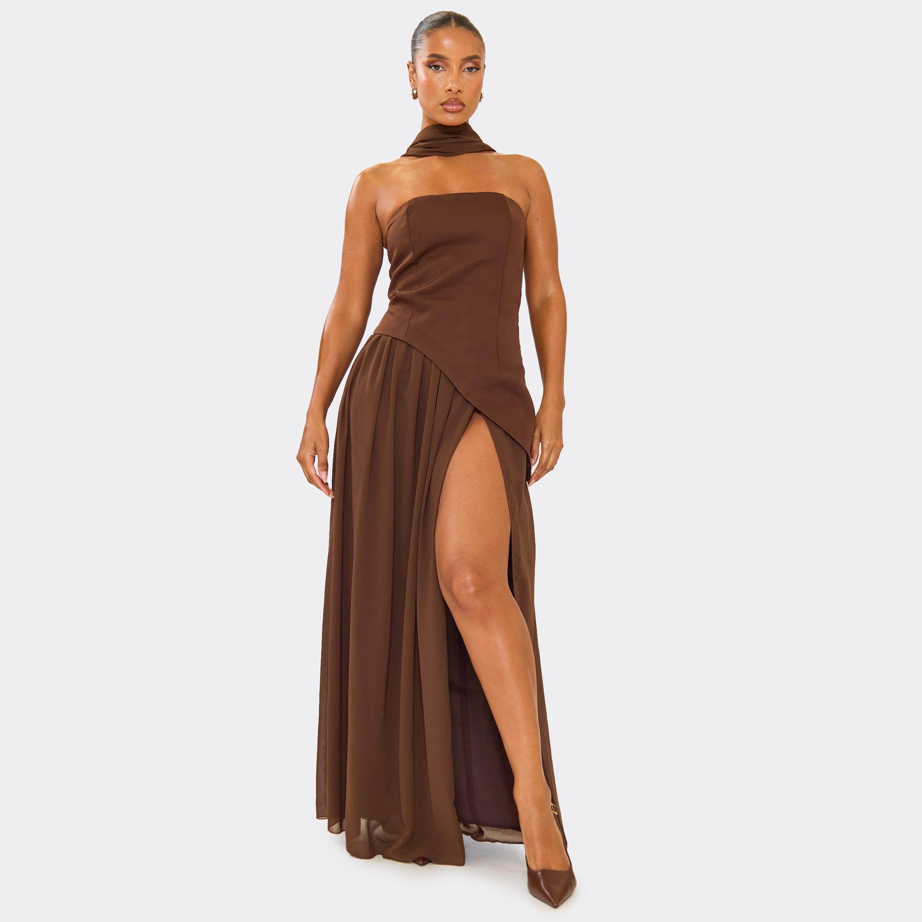 Scarf Bandeau Contrast Pleated Hem Detail Maxi Dress In Chocolate Brown, Women's Size UK 8