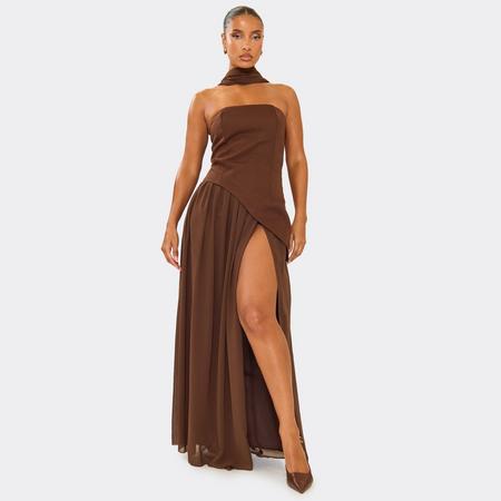 Scarf Bandeau Contrast Pleated Hem Detail Maxi Dress In Chocolate Brown, Women's Size US