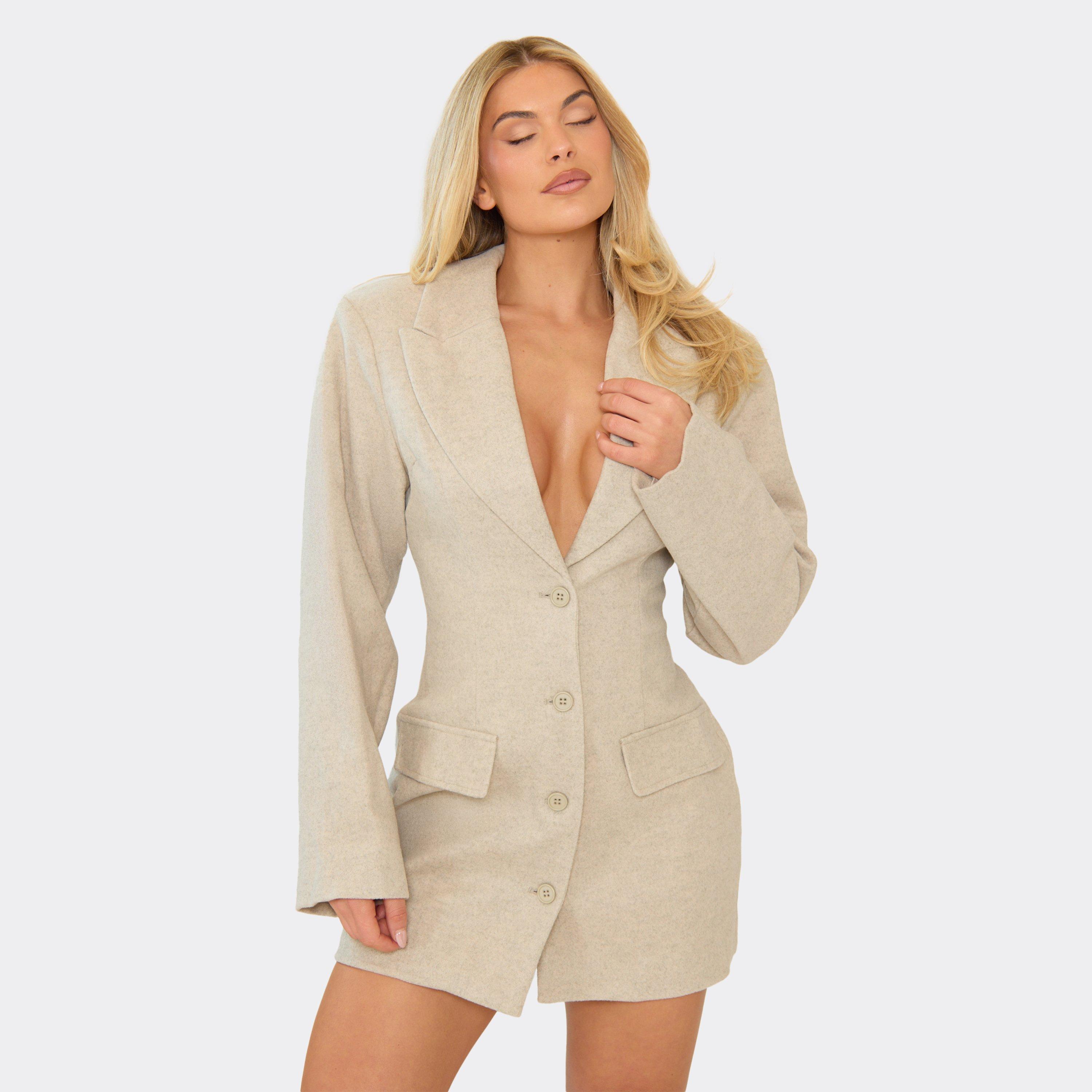 Oversized Shoulder Pad Cinched Waist Wool Look Blazer Dress In Stone, Women's Size UK 6
