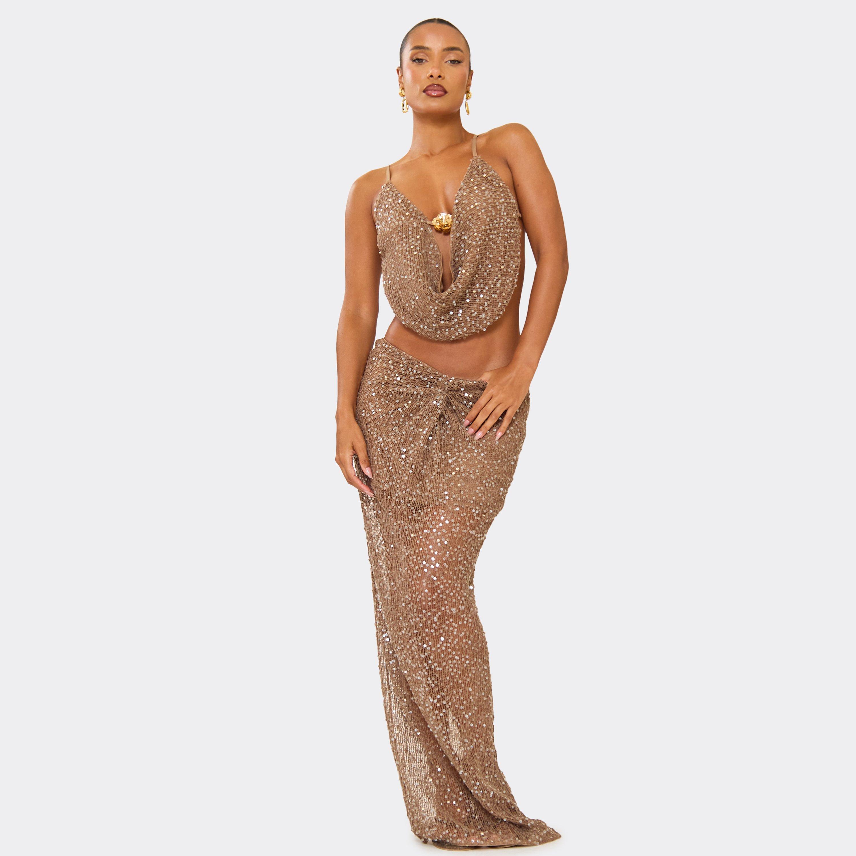Low Rise Ruched Detail Maxi Skirt In Brown Sequin Knit, Women’s