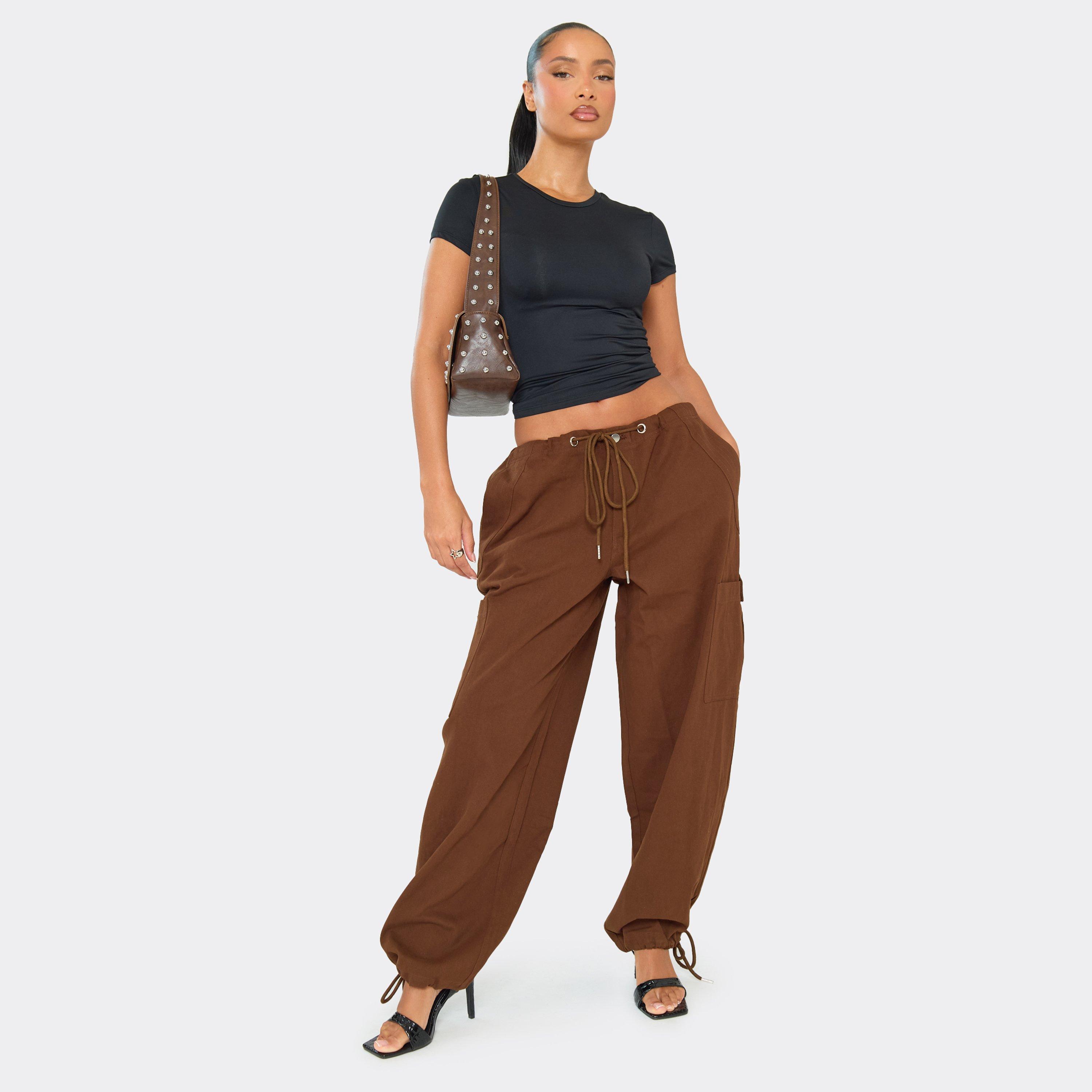 Low Rise Drawstring Parachute Trousers In Chocolate Brown, Women's Size UK 6