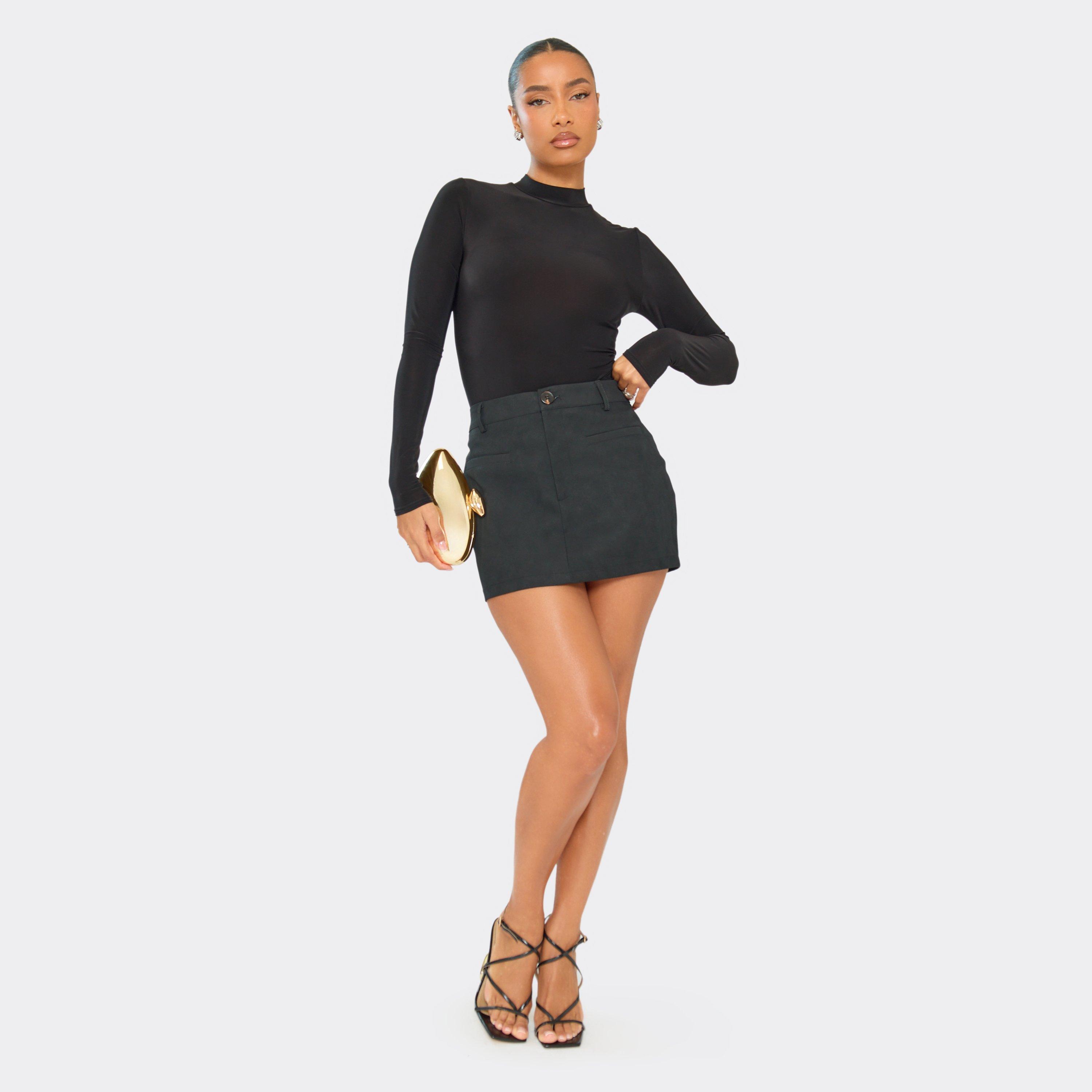 Mid Rise Button Fasten Mini Skirt In Black Woven, Women’s
