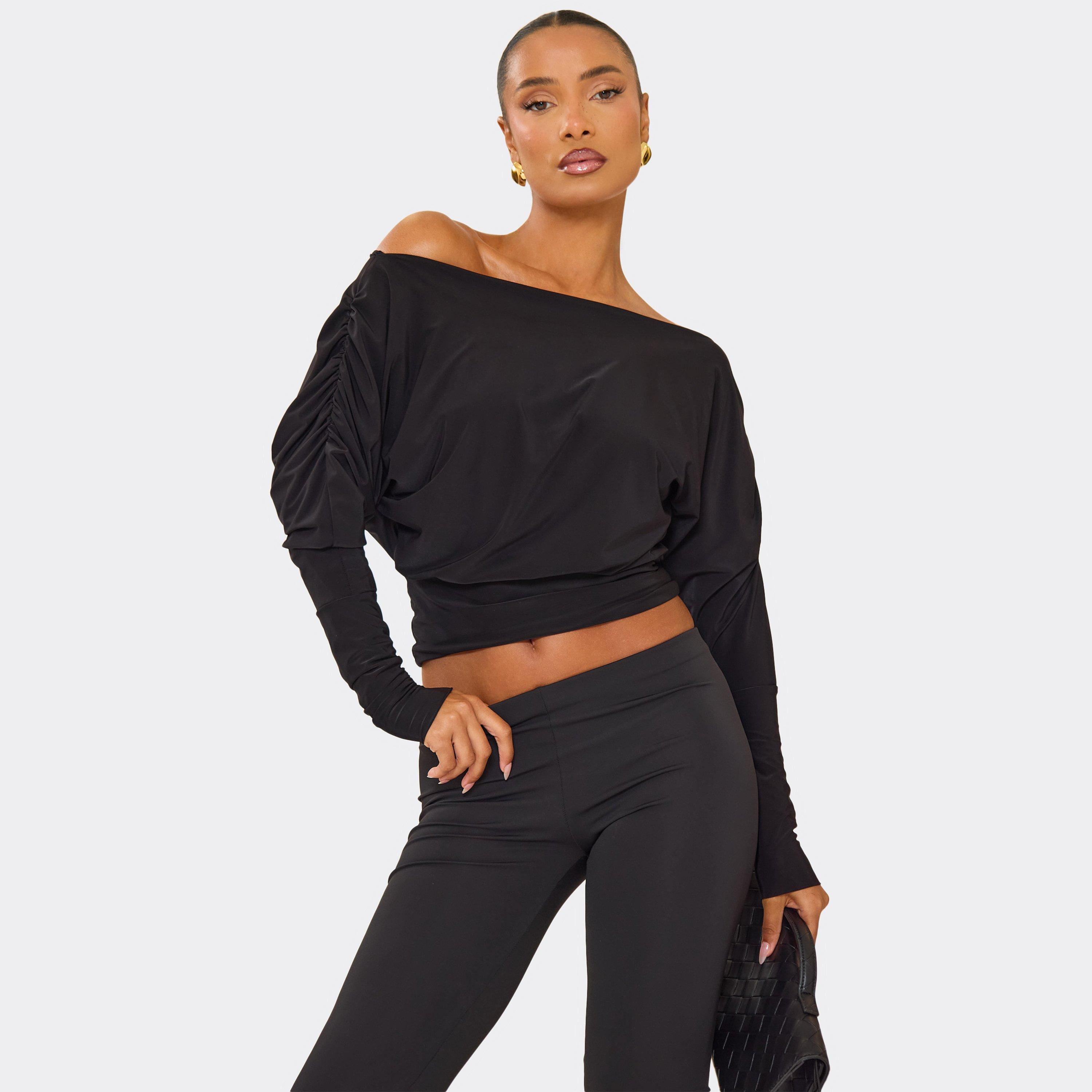 Image of Long Sleeve Asymmetric Slash Neck Top In Black Slinky, Women's