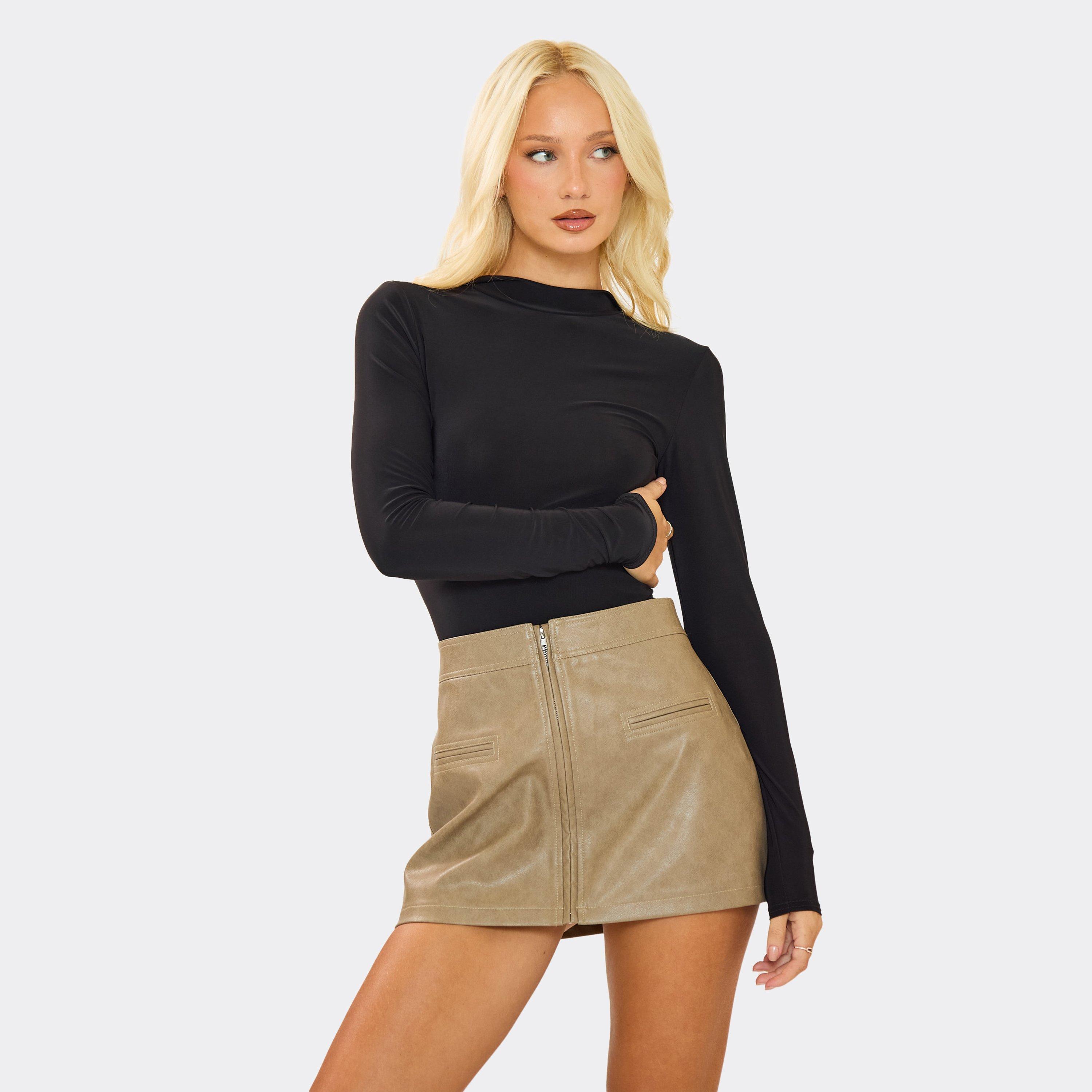 Mid Rise A-Line Zip Up Detail Mini Skirt In Stone Faux Leather, Women's Size UK 6