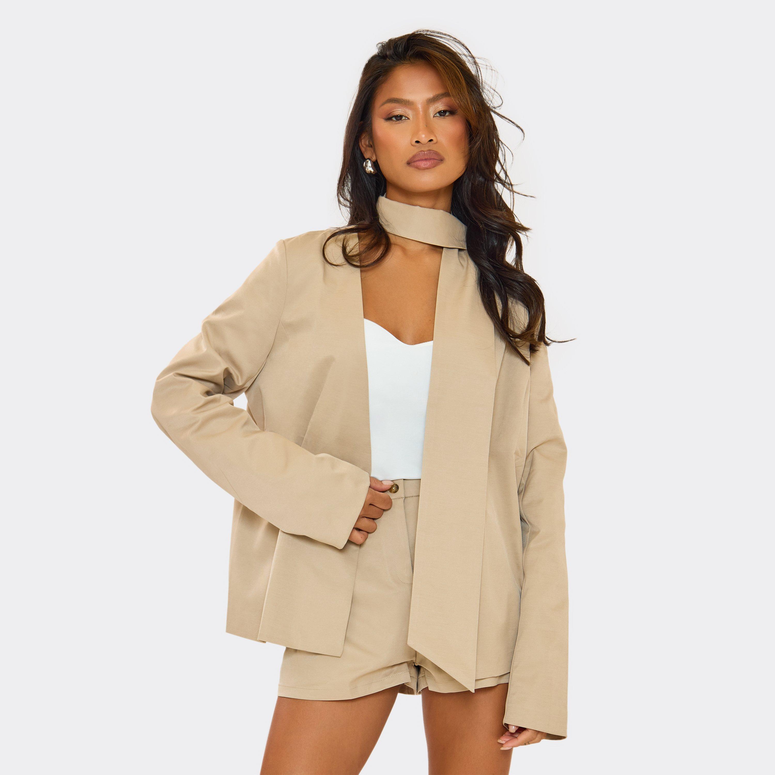 Neck Tie Detail Oversized Open Blazer In Stone, Women's Size UK 6