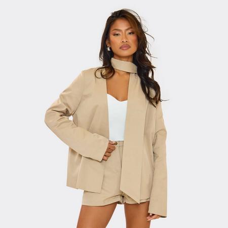 Neck Tie Detail Oversized Open Blazer In Stone, Women's Size US