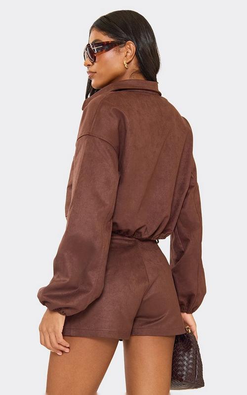 Long Sleeve Cropped Bomber Jacket In Light Brown Faux Suede | EGO