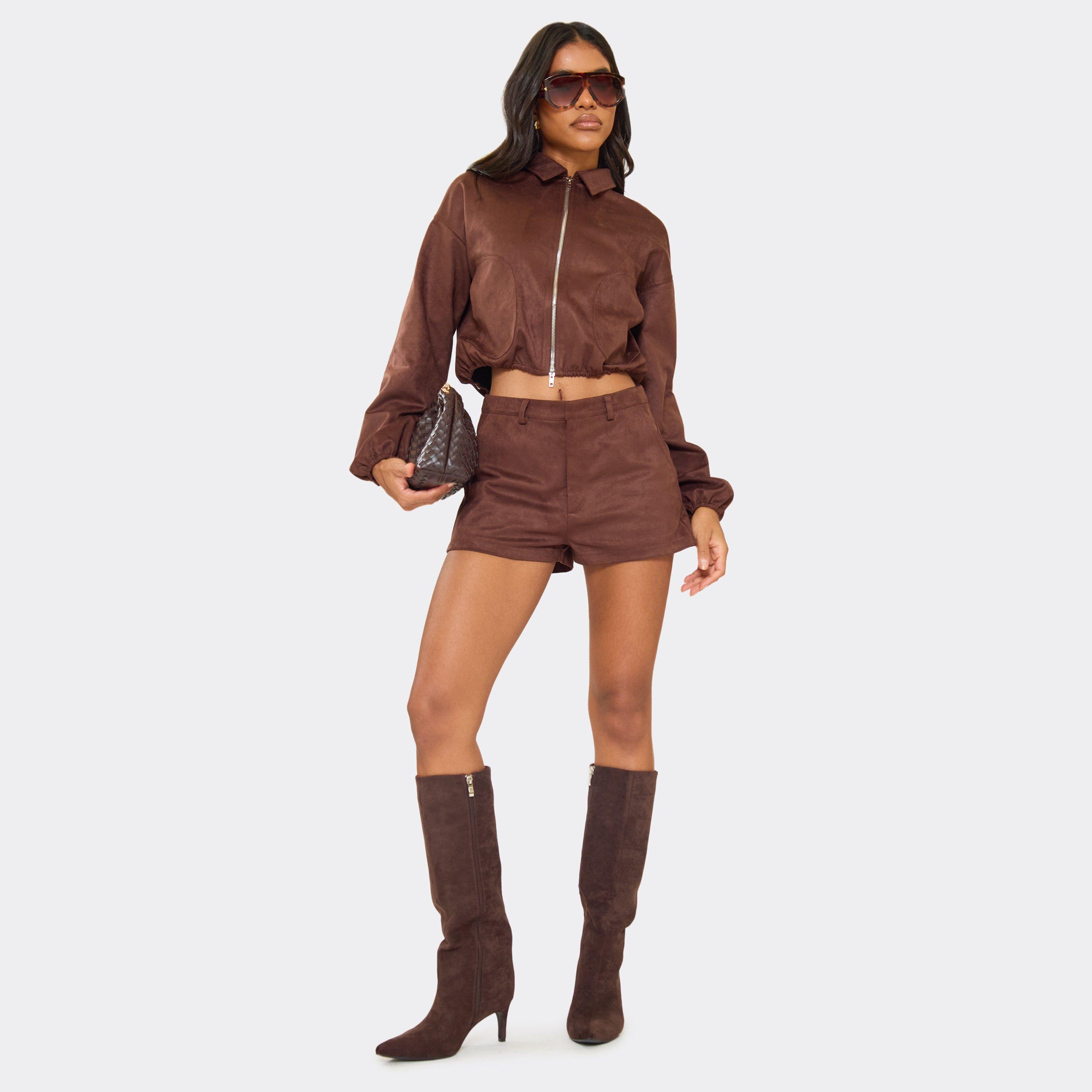 Mid Rise Tailored Shorts In Brown Faux Suede, Women’s