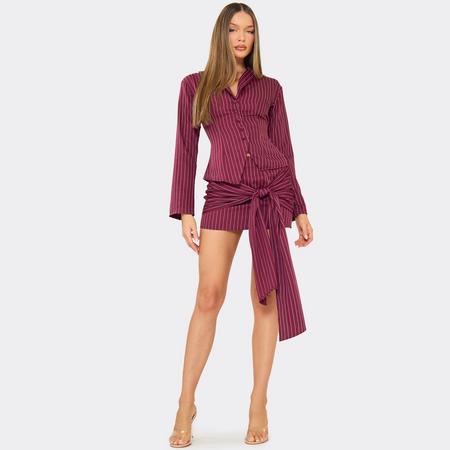 Tie Front Detail Mini Skirt In Burgundy Pinstripe, Women's Size US