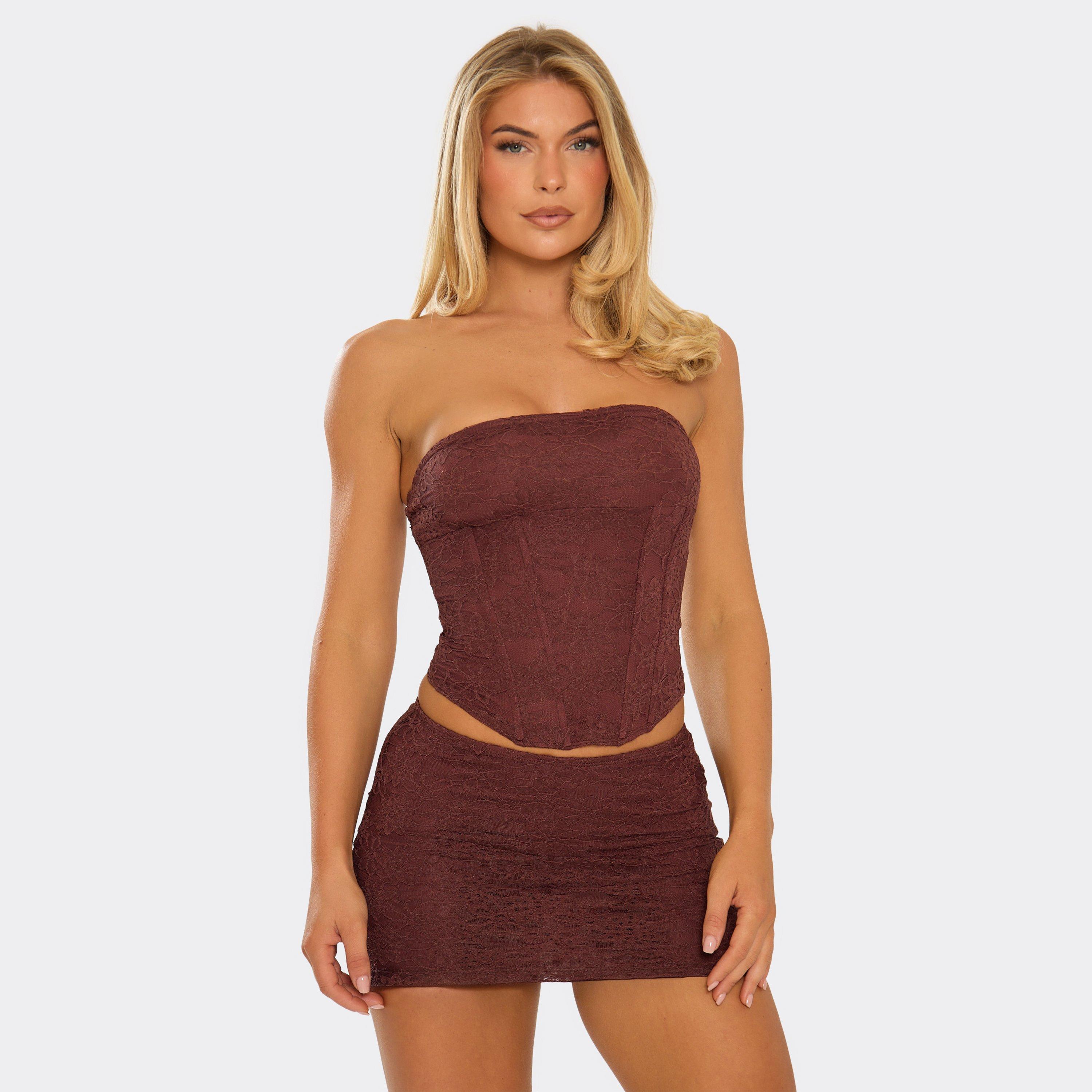 Bandeau Structured Corset Top In Chocolate Brown Lace, Women’s