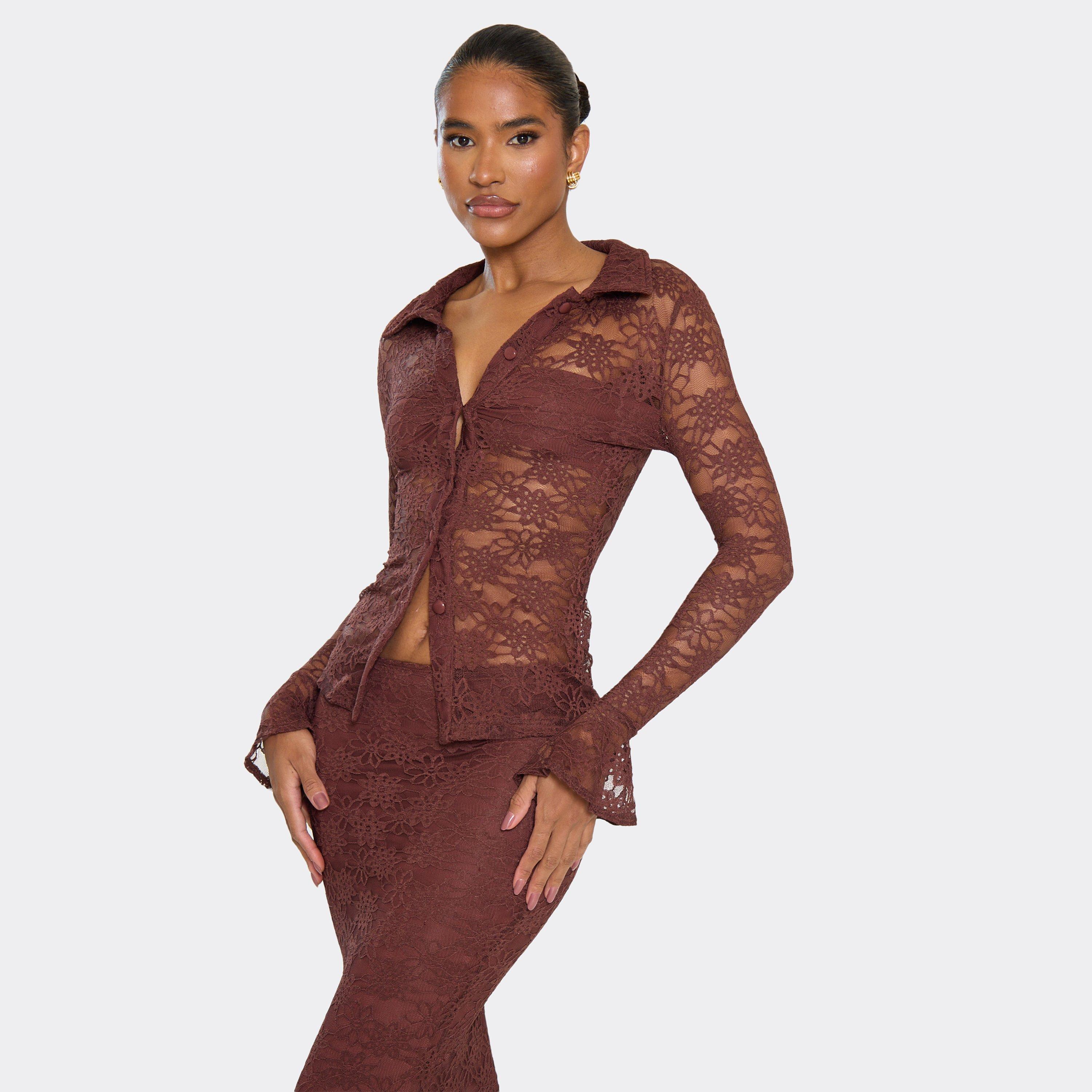 Flared Sleeve Ruched Cinched Waist Shirt Chocolate Brown Lace, Women’s