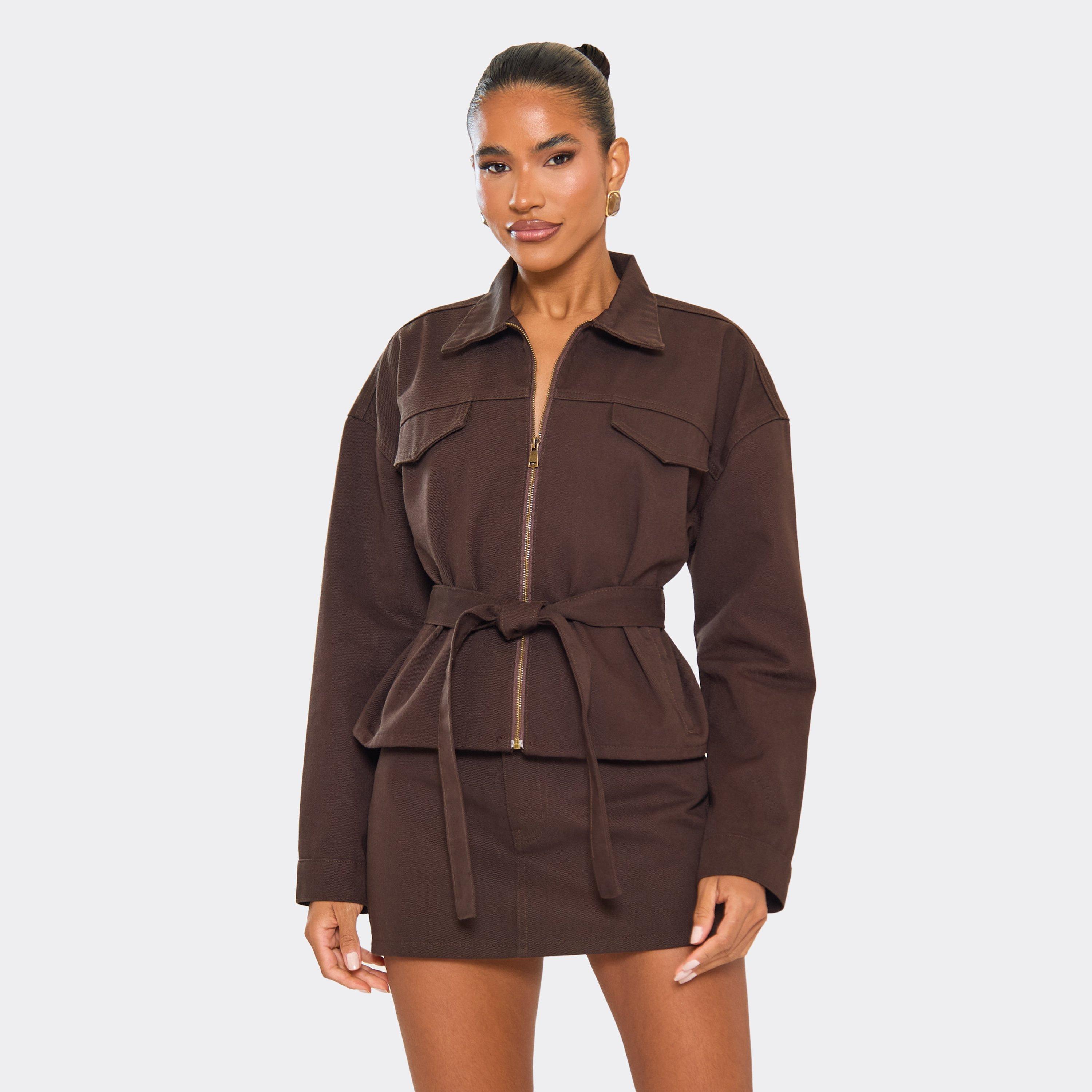 Tie Cinched Waist Zip Down Jacket In Chocolate Brown Denim, Women’s