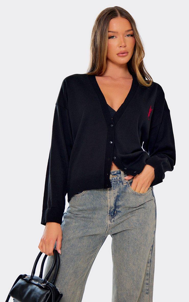 45908 Logo Detail Oversized Button Down Cardigan In Black