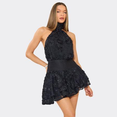 High Neck Skater Dress In Black Floral Textured, Women's Size US