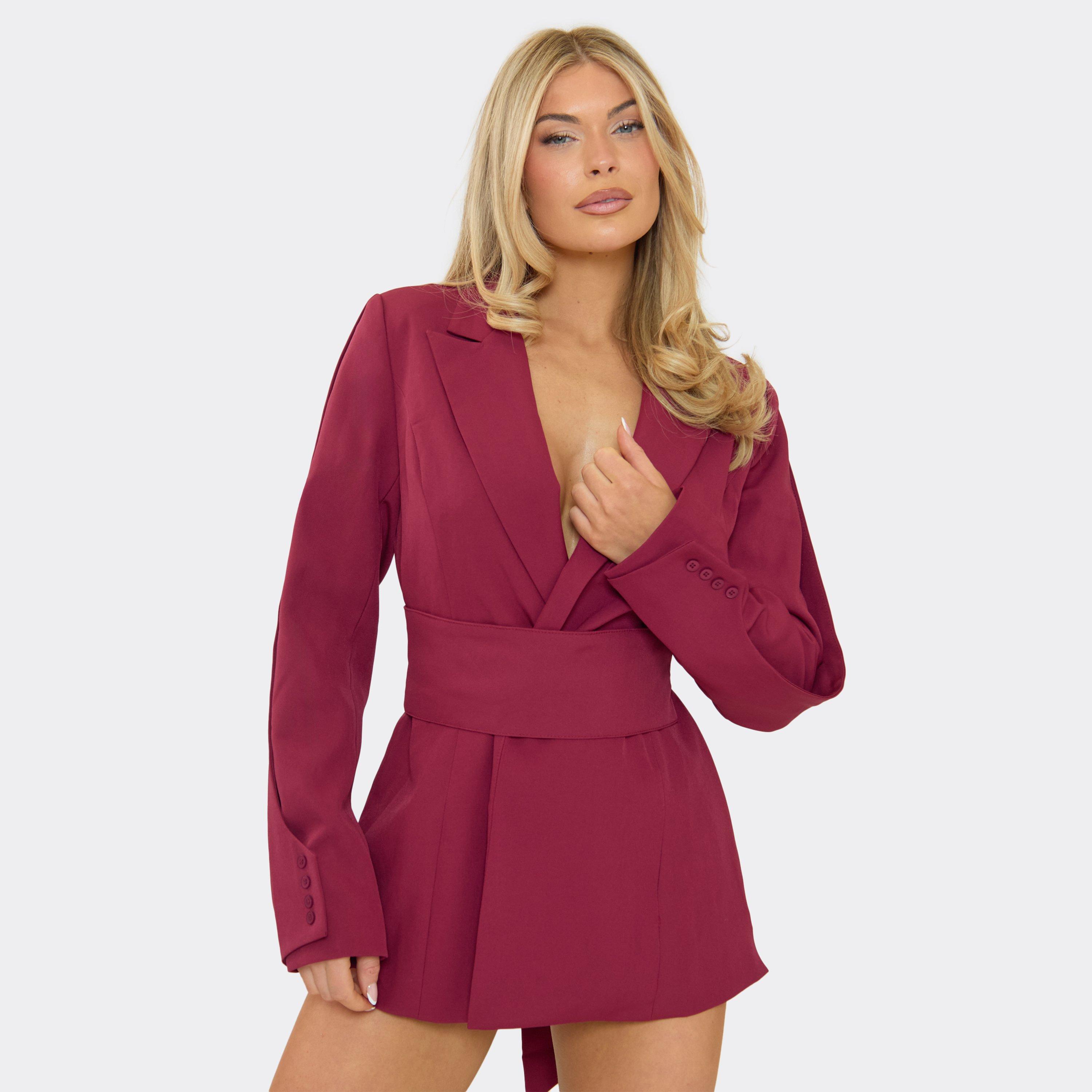 Image of Long Sleeve Collared Cinched Waist Detail Blazer Playsuit In Burgundy, Women's