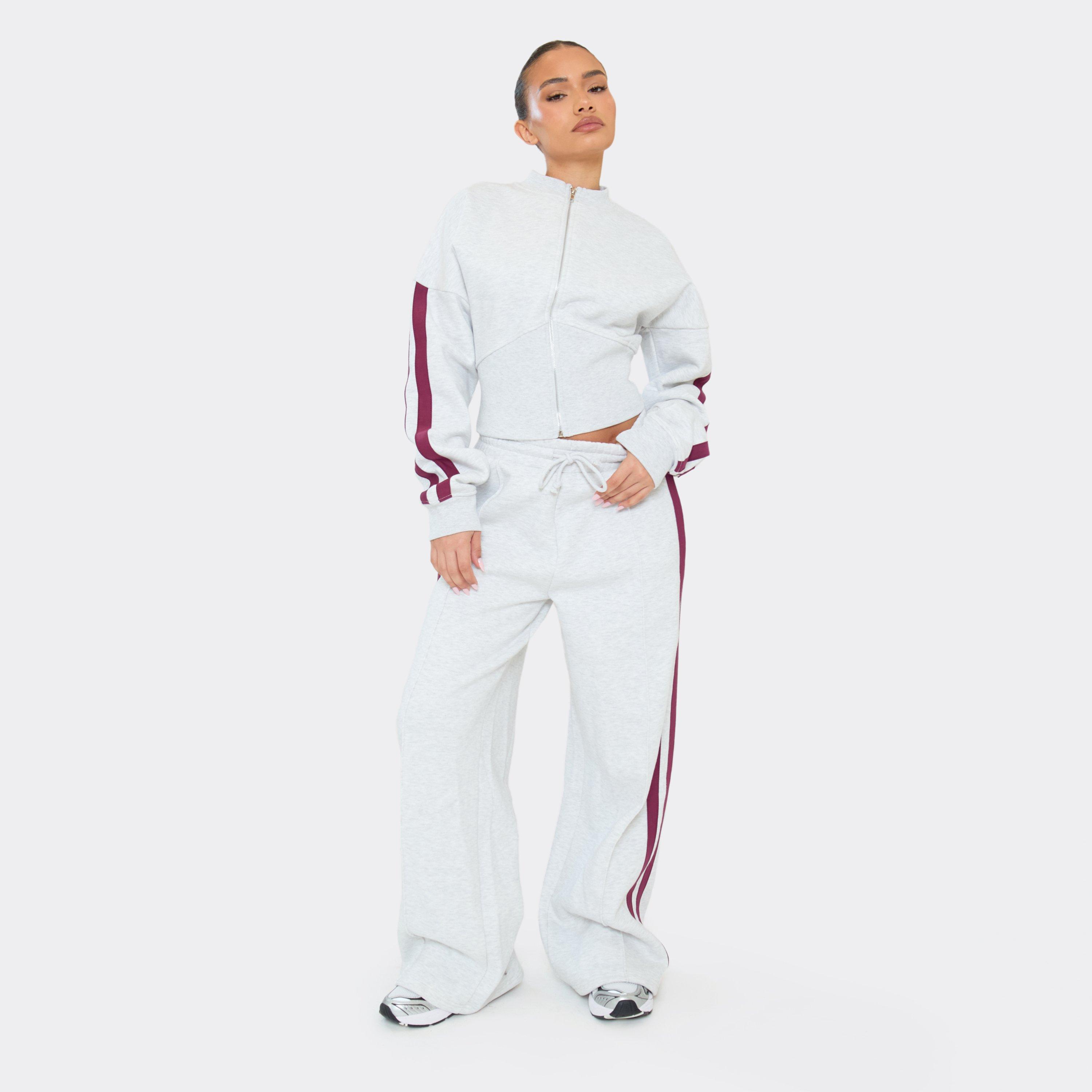 Mid Rise Drawstring Waist Contrast Panel Detail Wide Leg Joggers In Light Grey Marl, Women’s