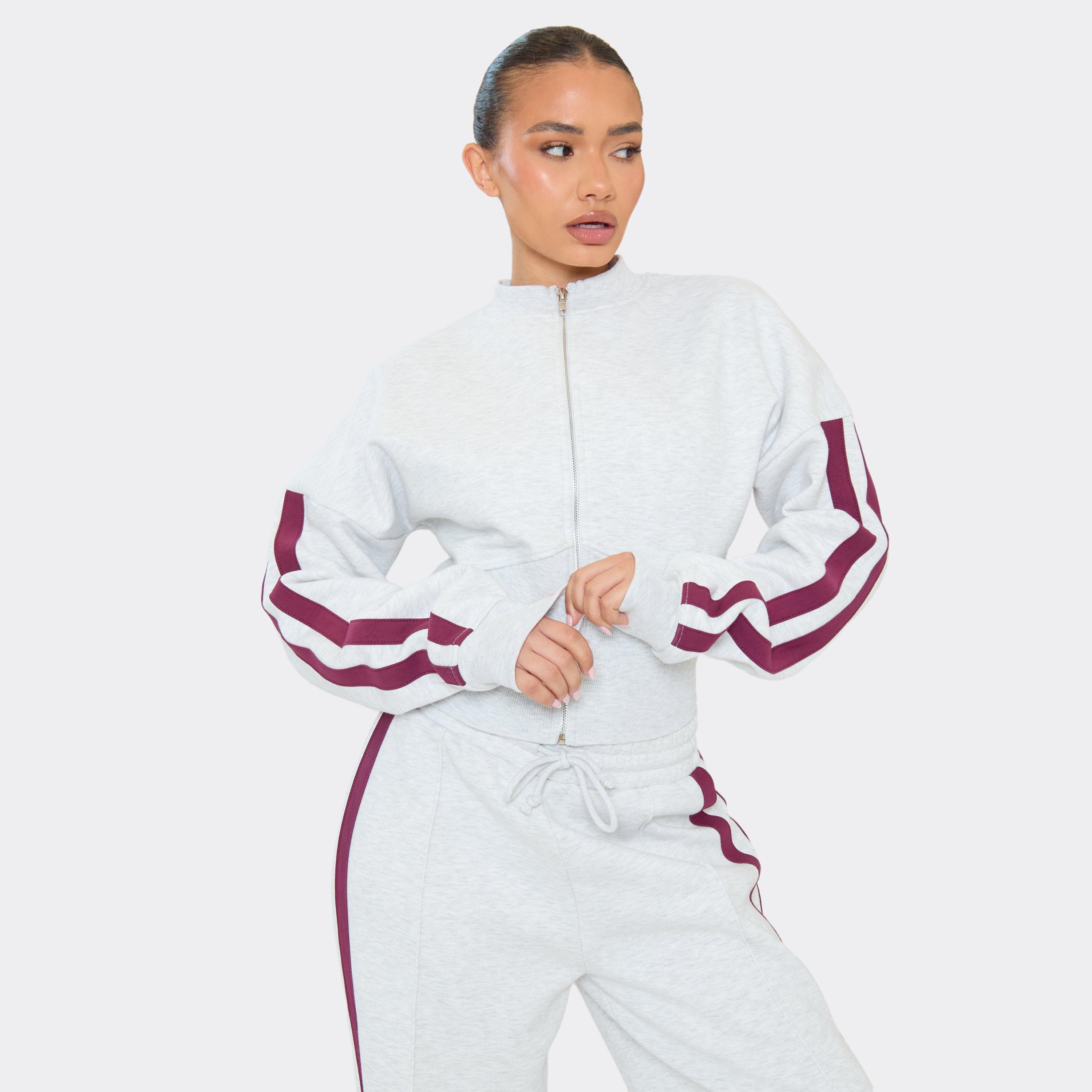 Contrast Panel Detail Cinched Waist Zip Up Jacket In Light Grey Marl, Women’s
