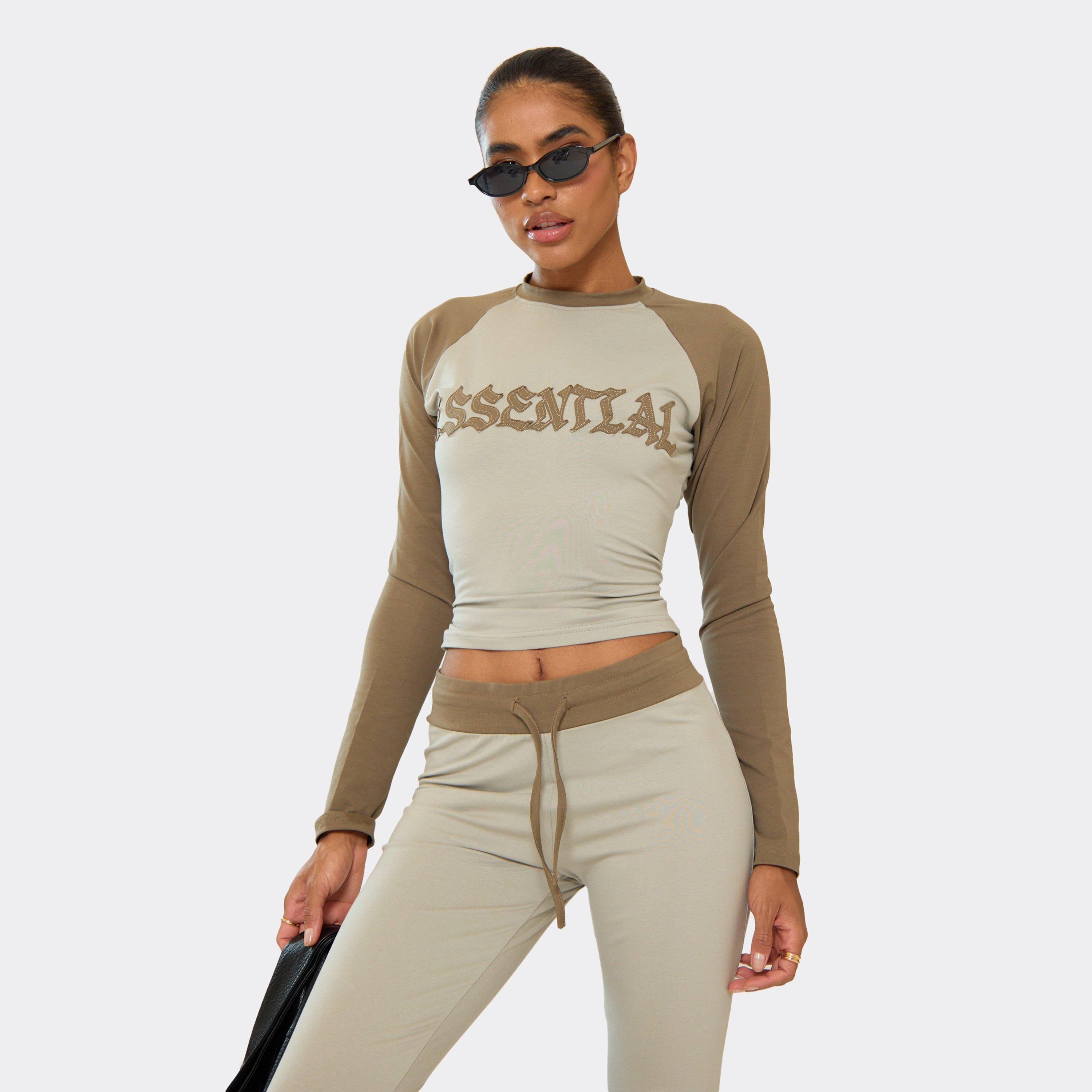 Image of Long Sleeve Distressed Graphic Detail Fitted Top In Khaki Green, Women's
