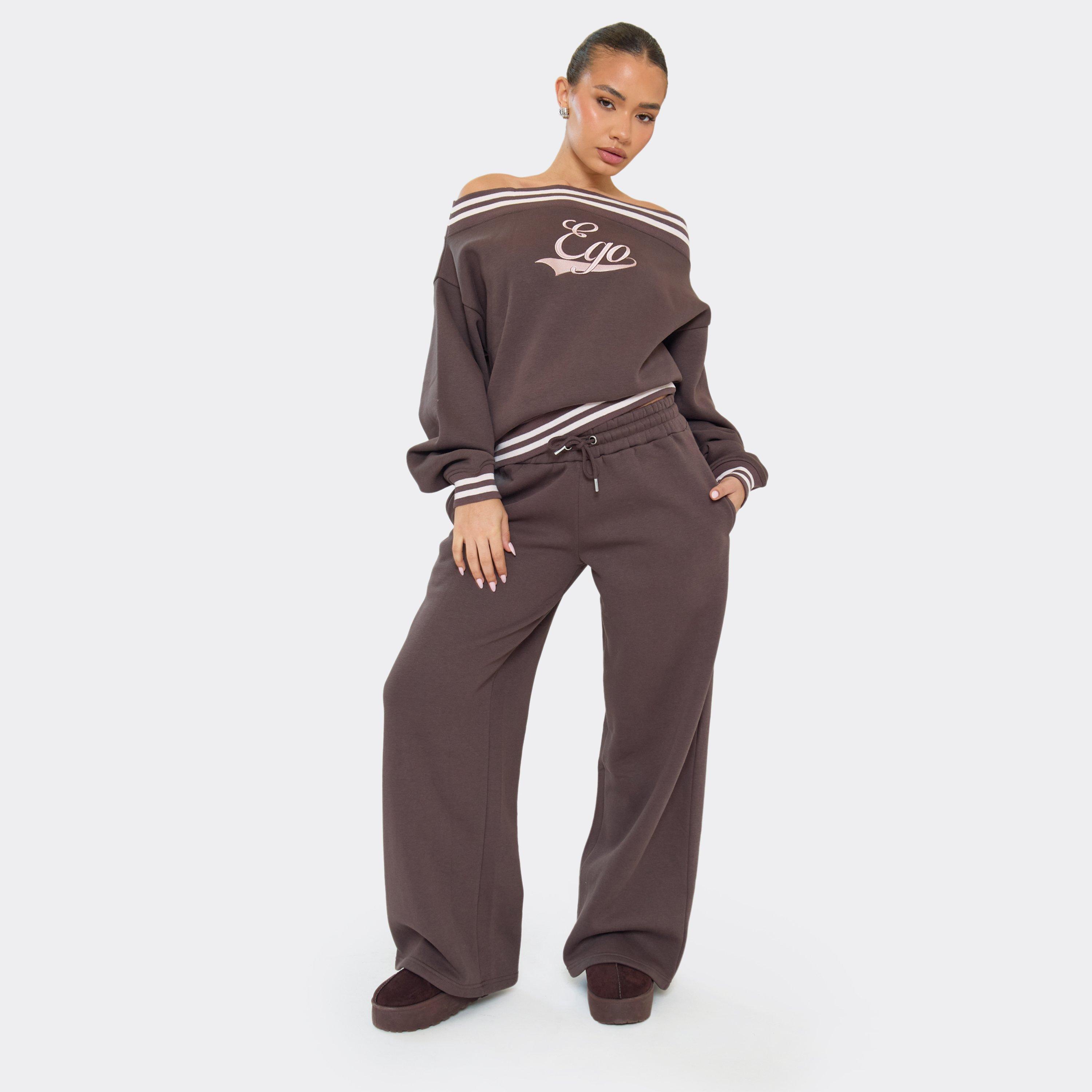 Drawstring Tie Waist Straight Leg Joggers In Chocolate Brown, Women’s