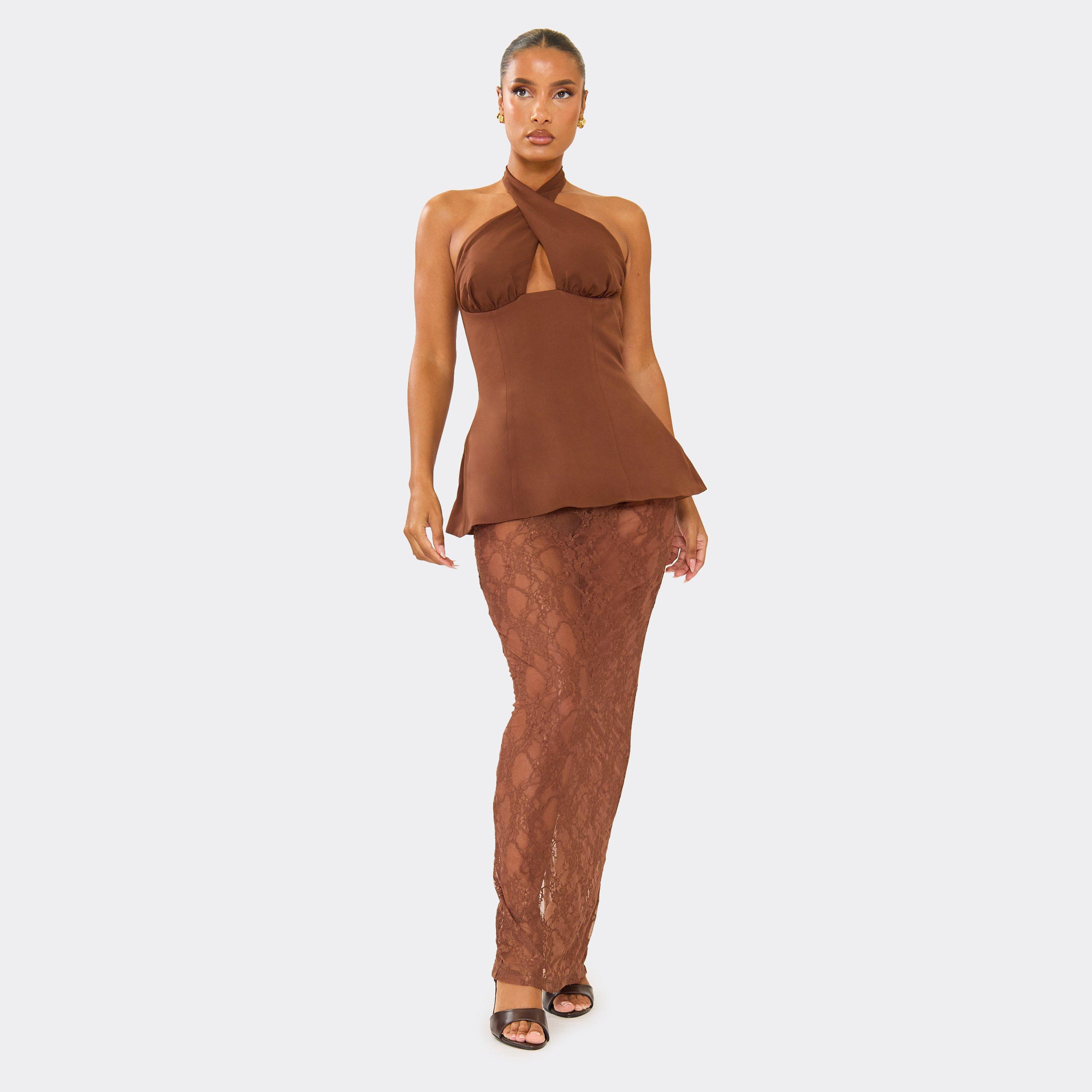 Crossover Neck Peplum Contrast Lace Maxi Dress In Brown, Women’s