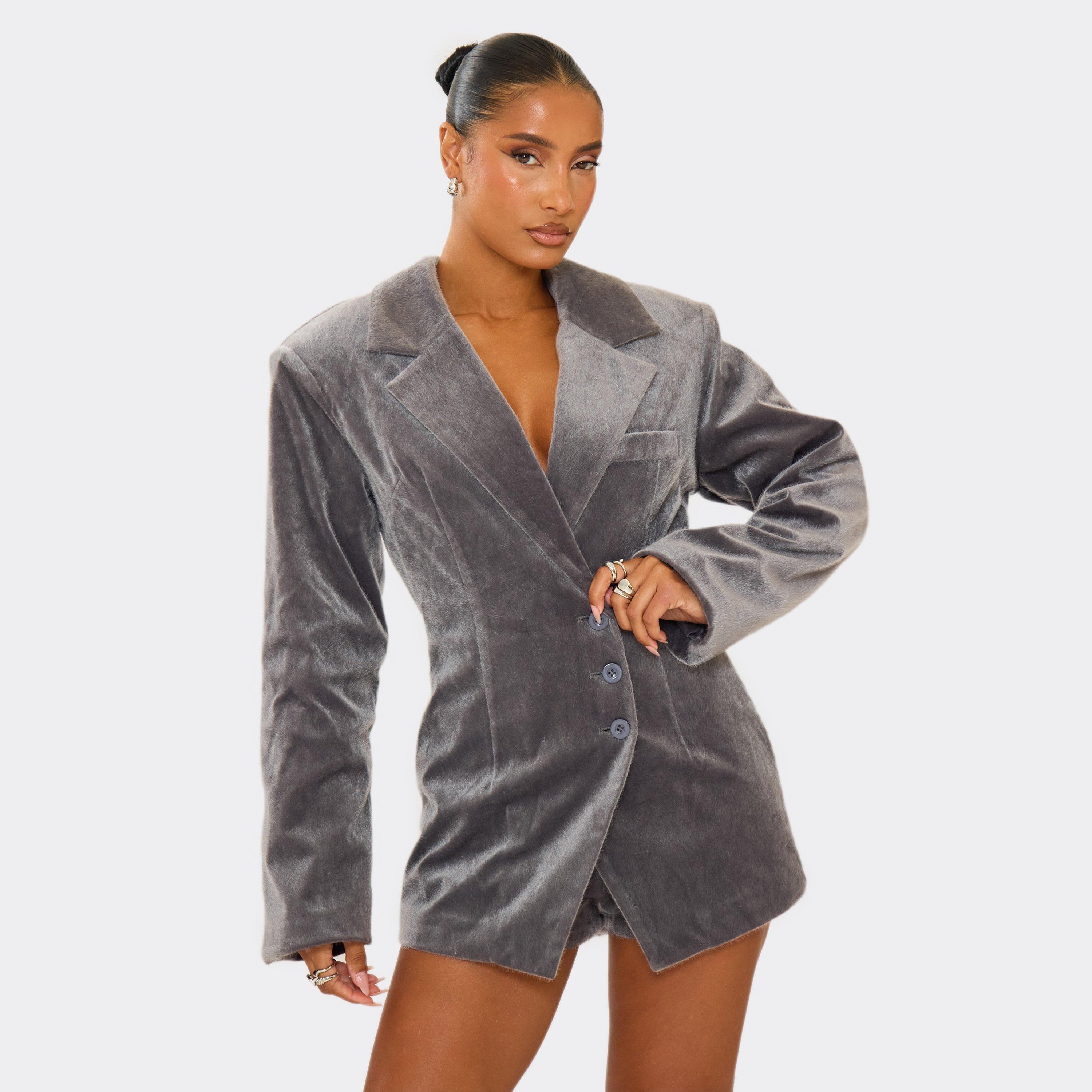Image of Oversized Shoulder Pad Cinched Waist Blazer Playsuit In Grey Textured Pony Fur, Women's