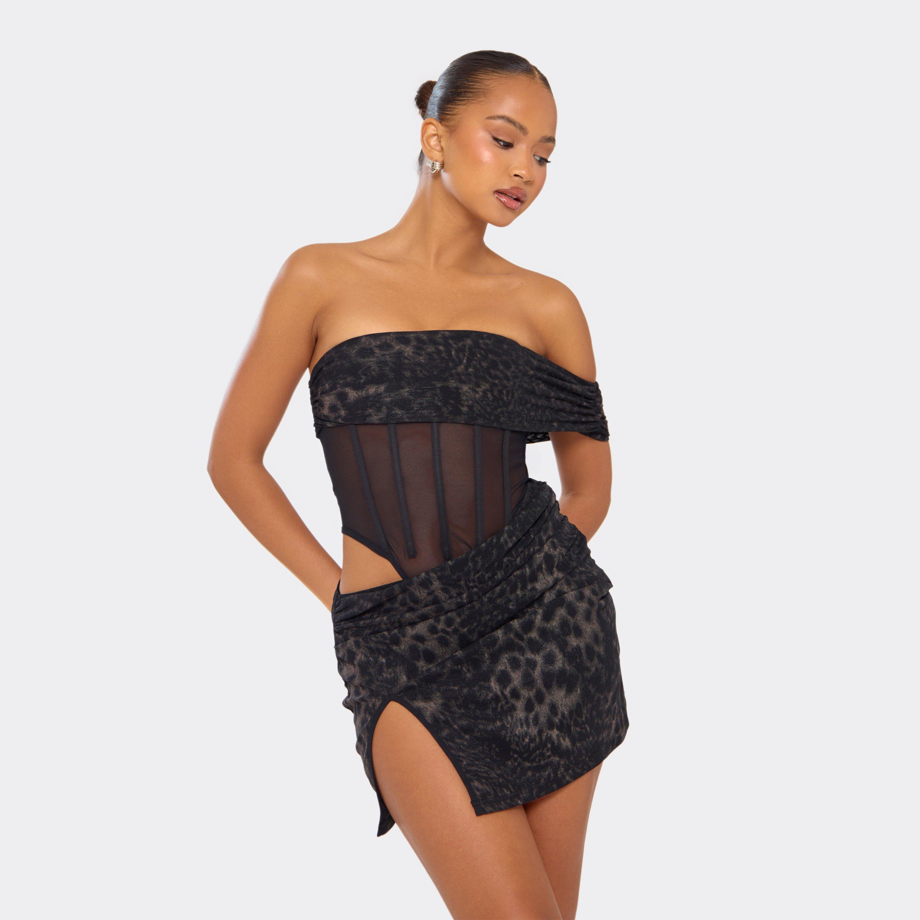 Bardot One Sleeve Mesh Panel Detail Mini Dress In Black Leopard Print, Women’s