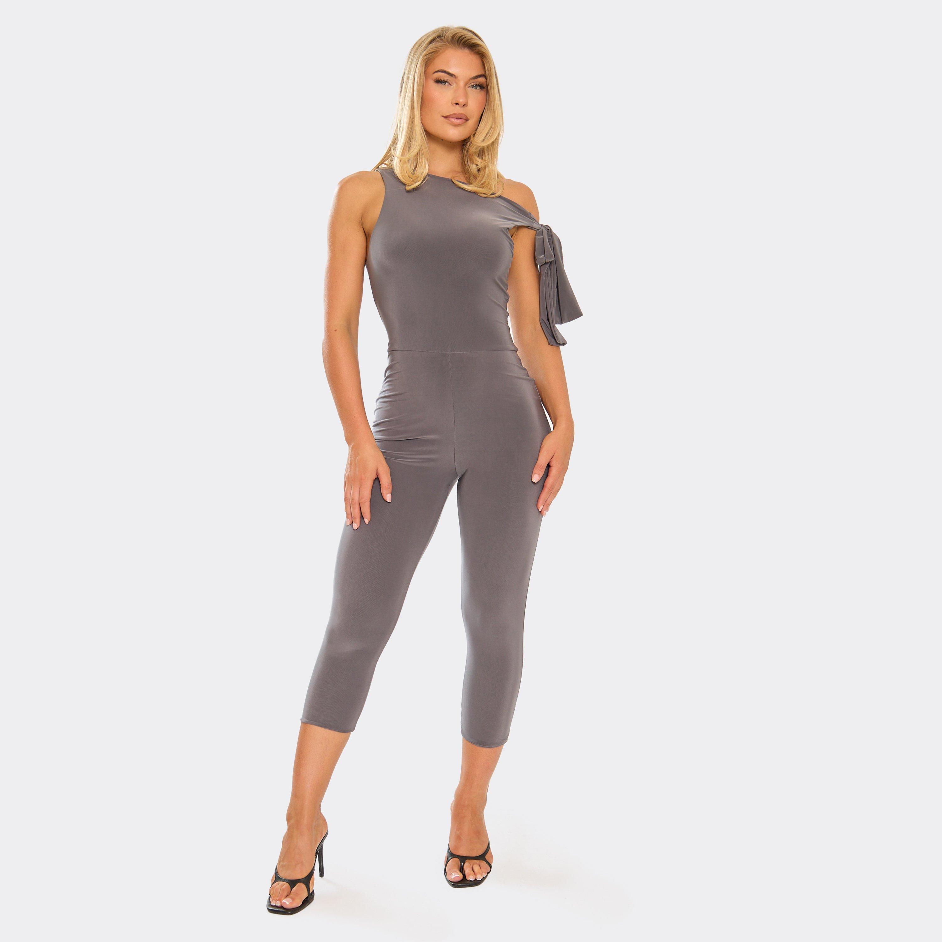 Image of Tie Shoulder Detail Capri Jumpsuit In Grey Slinky, Women's