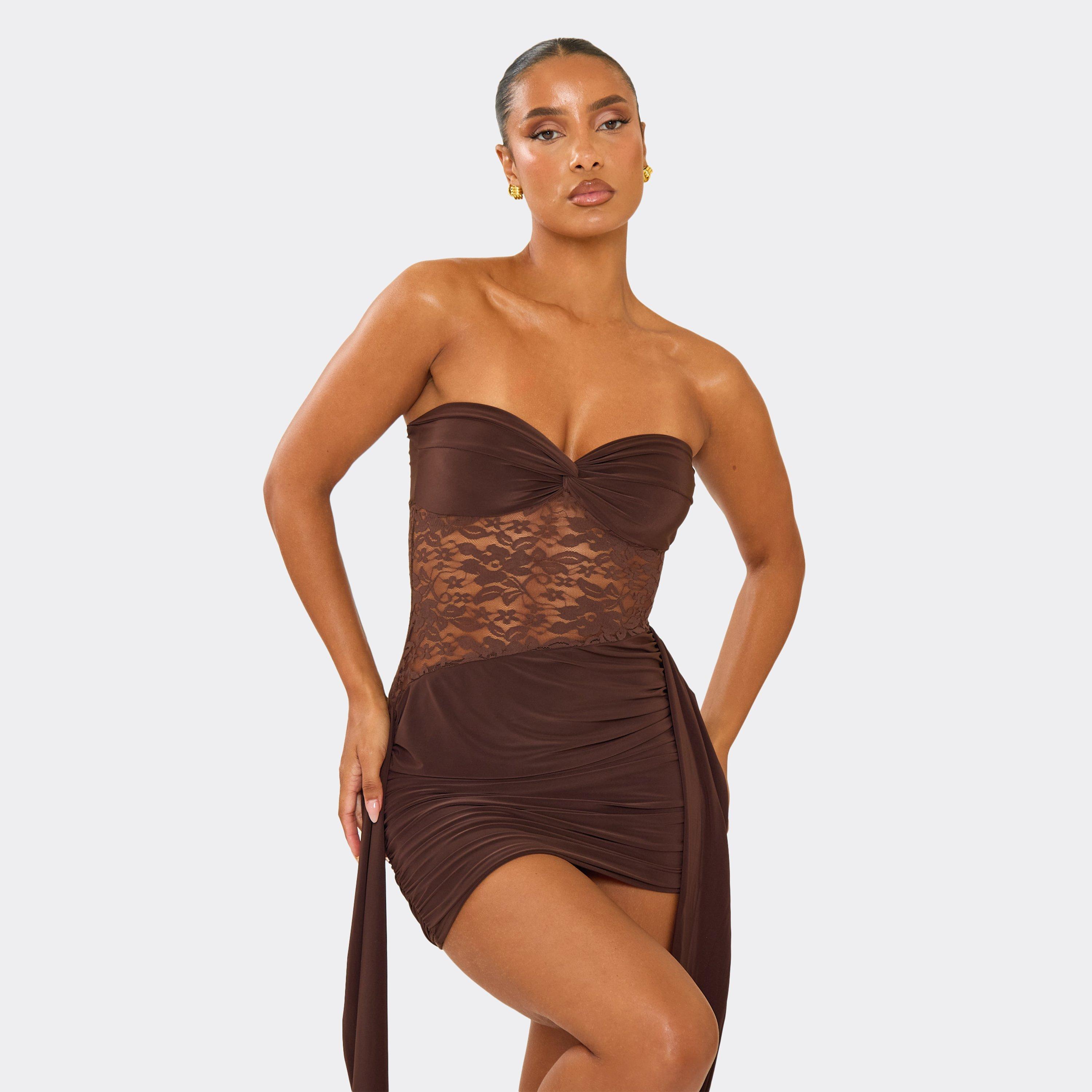 Bandeau Panel Drape Detail Mini Dress In Chocolate Brown Lace, Women’s