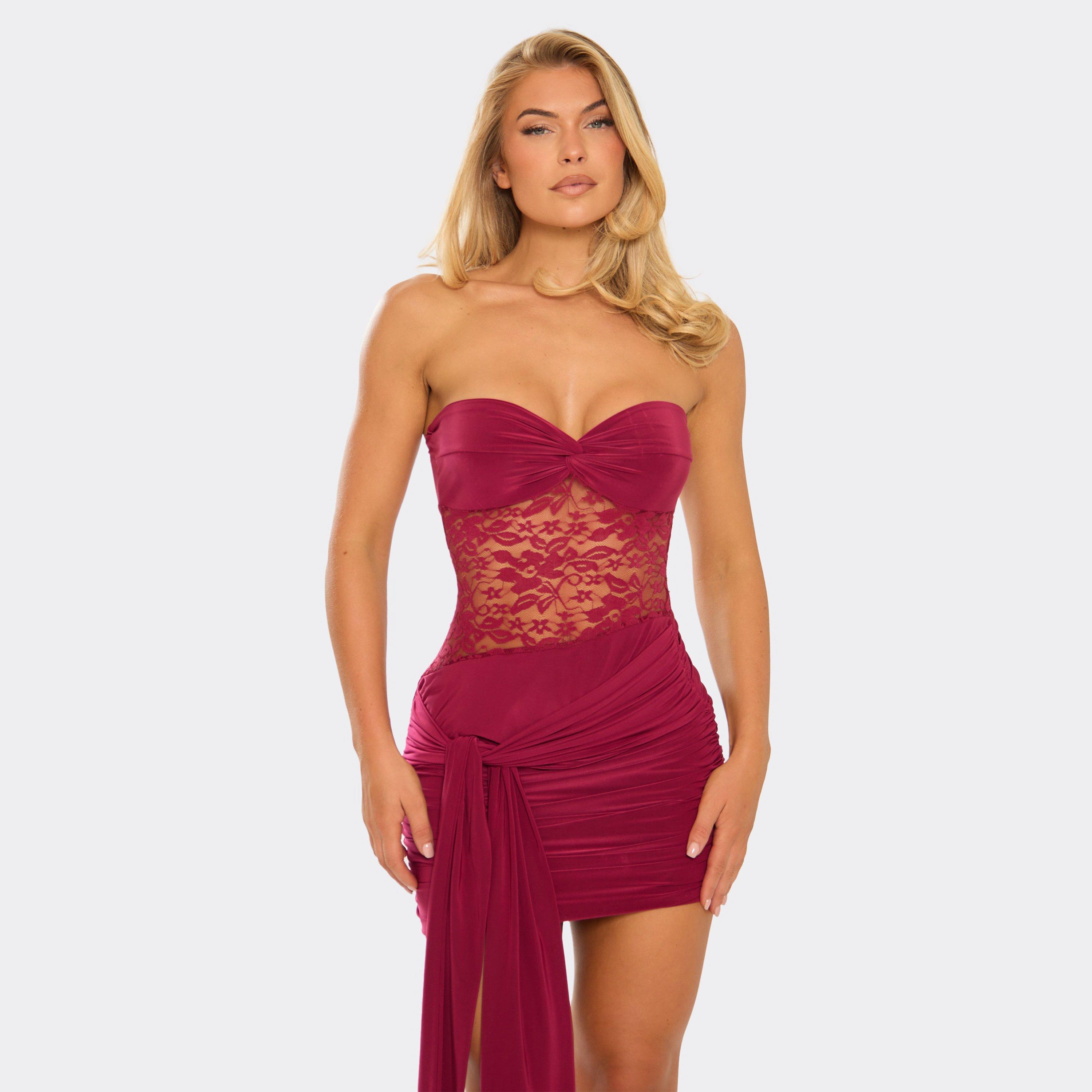 Bandeau Panel Drape Detail Mini Dress In Burgundy Lace, Women’s