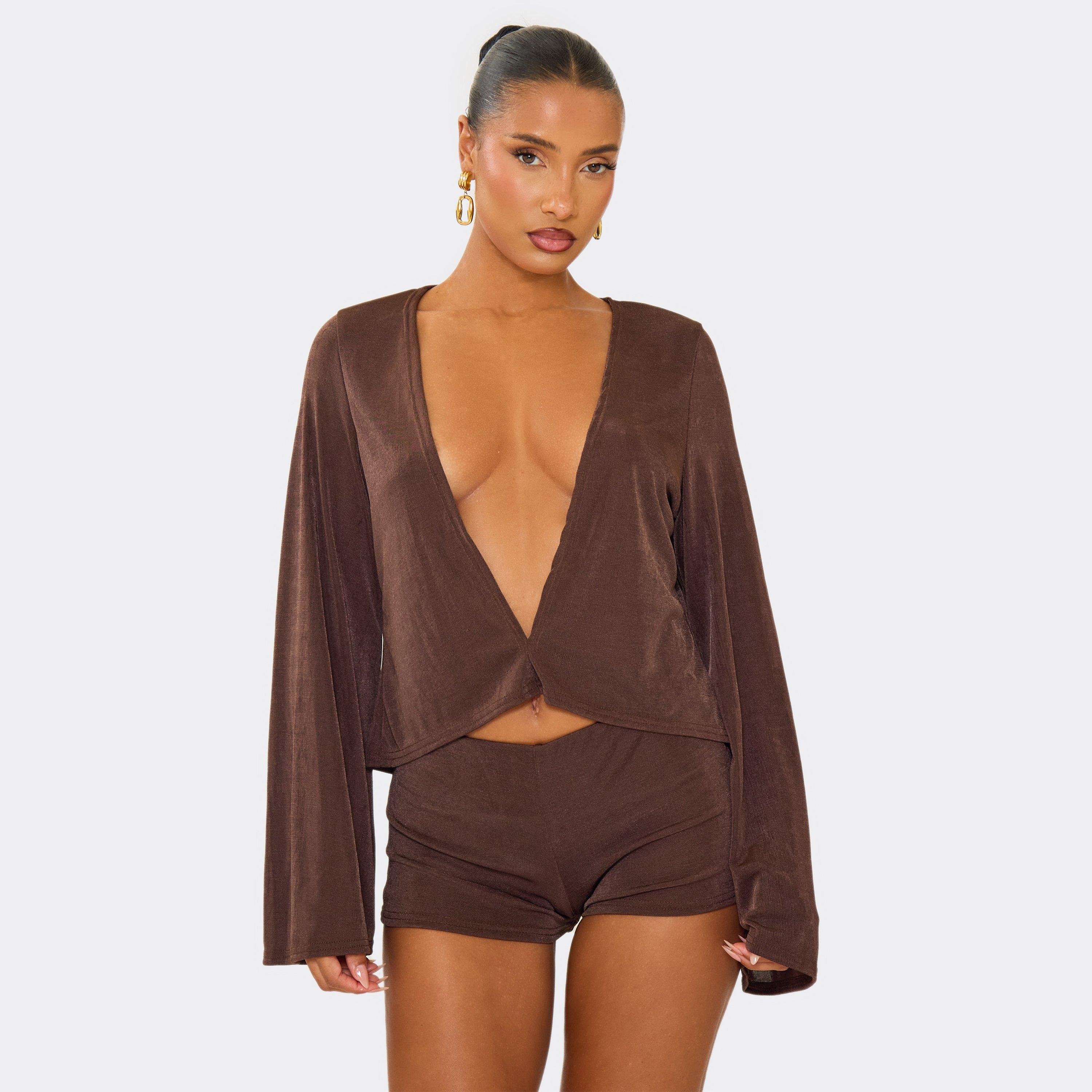 Image of Flared Long Sleeve Plunge Neck Top In Chocolate Brown, Women's