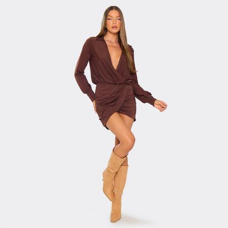 Long Sleeve Plunge Drape Skirt Hem Detail Shirt Dress In Chocolate Brown, Women's Size US