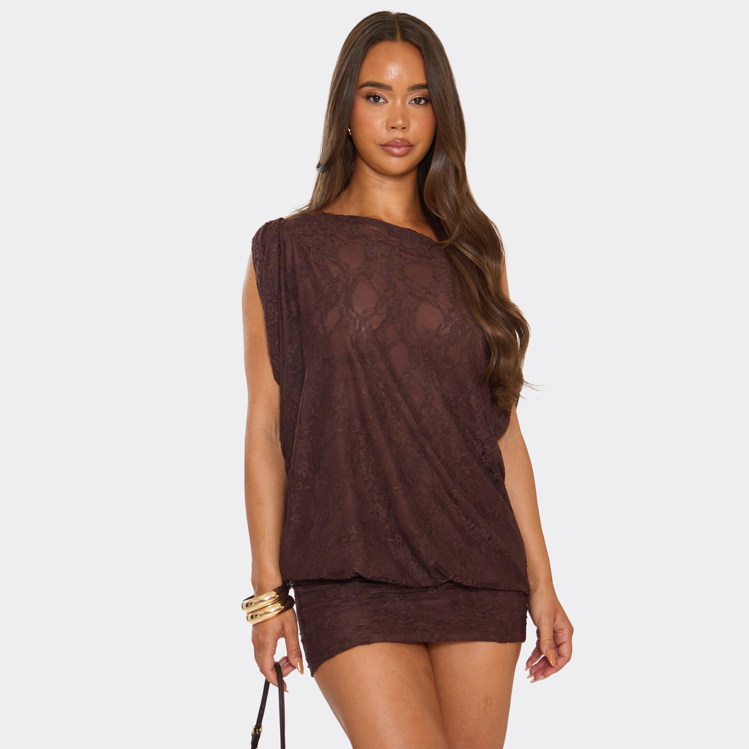 Off The Shoulder Draped Asymmetric Mini Dress In Chocolate Brown Lace, Women’s